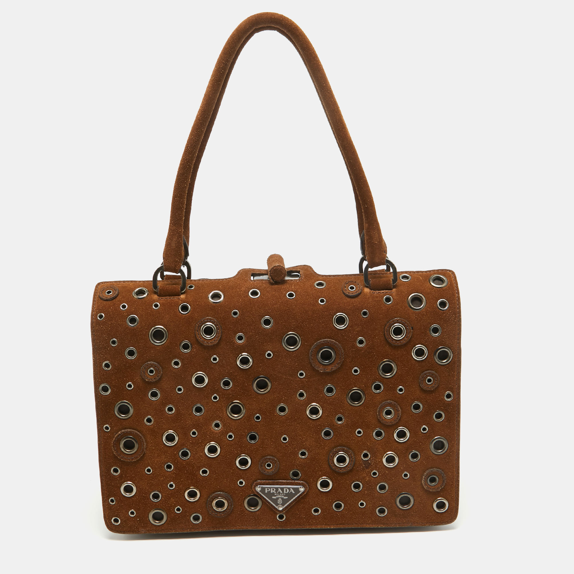 Prada brown suede grommet frame satchel