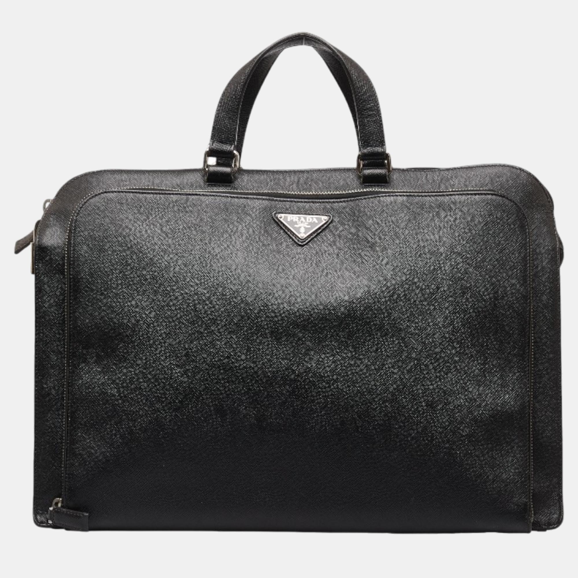 Prada black leather saffiano lux business briefcase