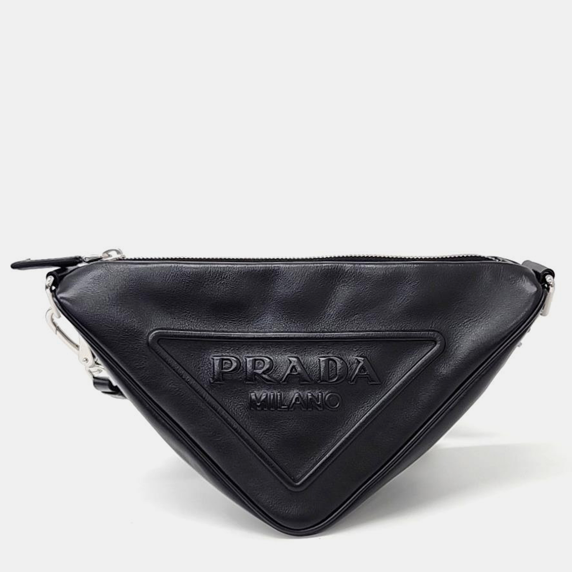 Prada black glace lux leather triangle shoulder bag