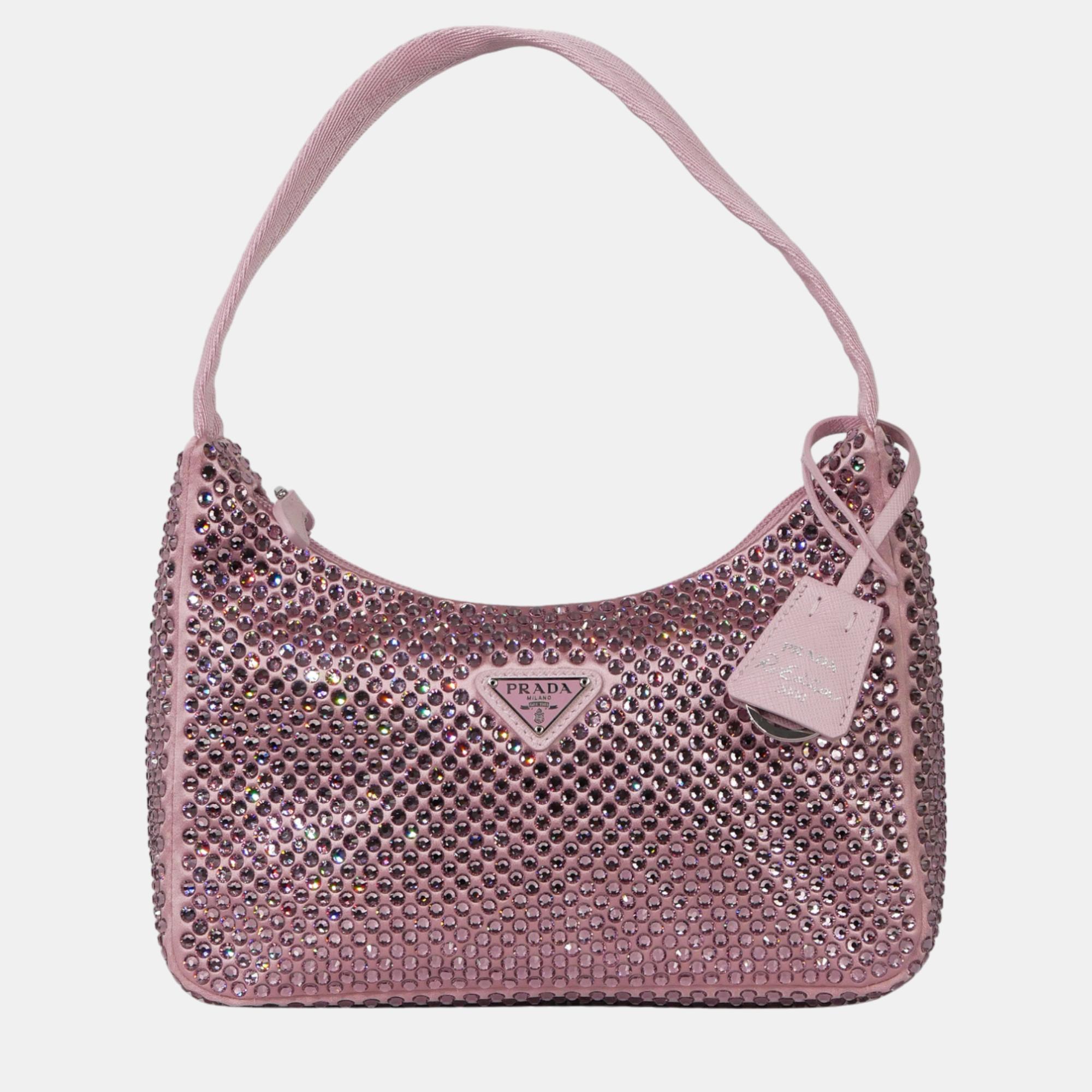 Prada pink satin crystal re-edition 2000 mini bag