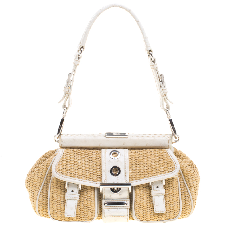 Image of Prada Beige/Off White Raffia and Ostrich Leather Frame Satchel