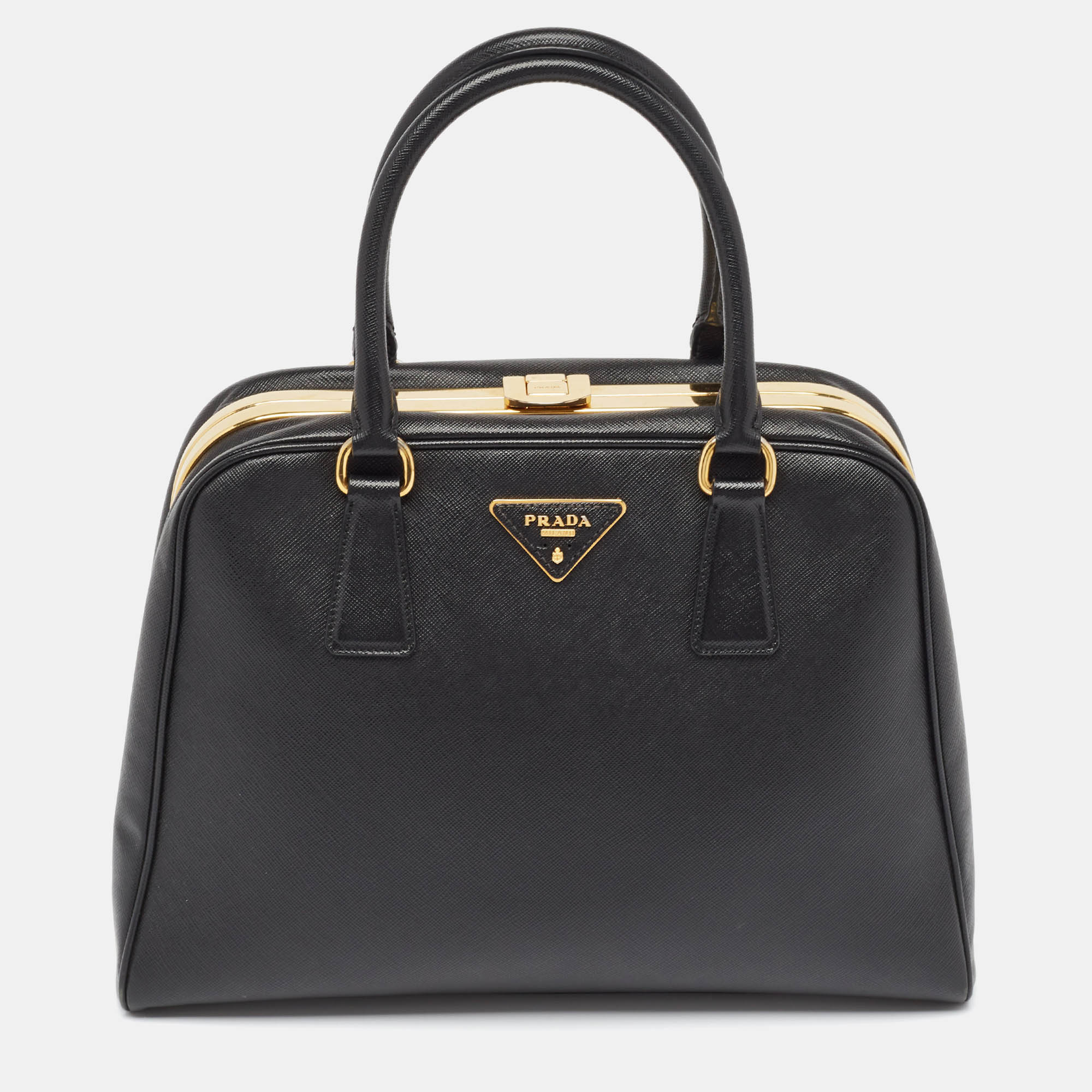 Prada black saffiano lux leather pyramid frame satchel