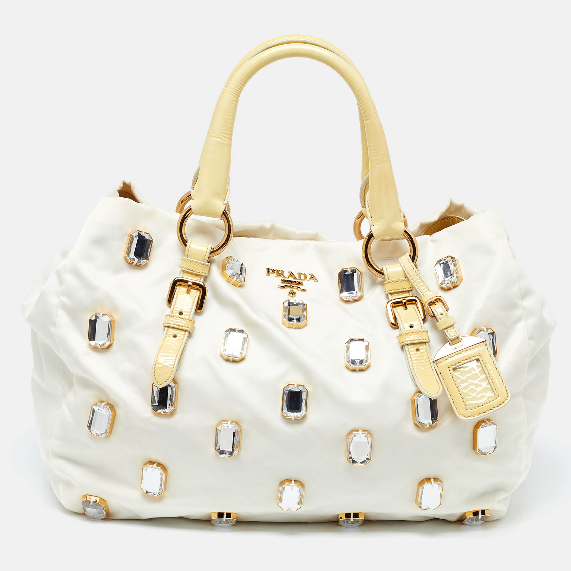 Prada light yellow/cream nylon and patent leather crystals embellished tote
