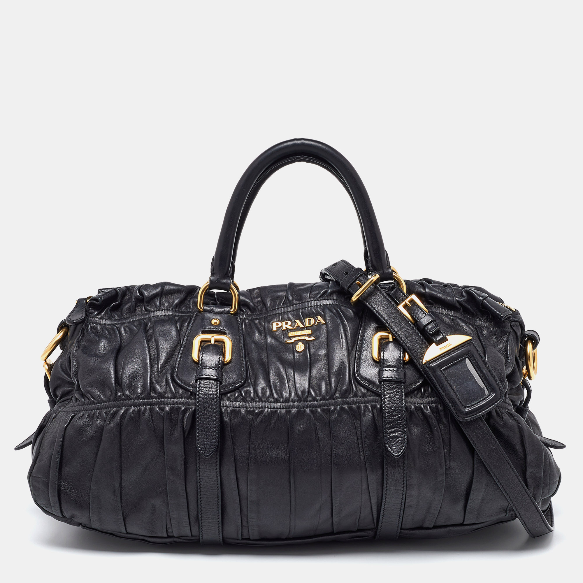 Prada black nappa gaufre leather buckle satchel