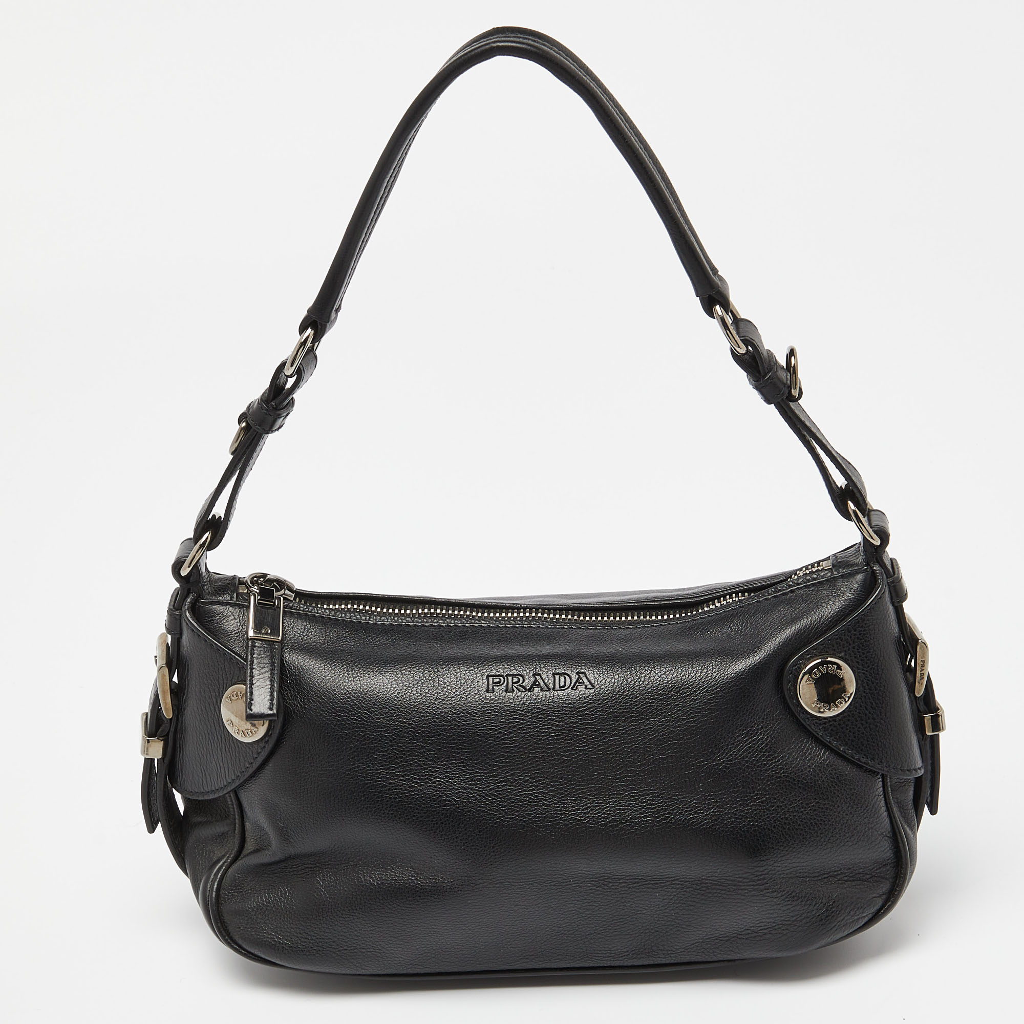 Prada black leather zip shoulder bag