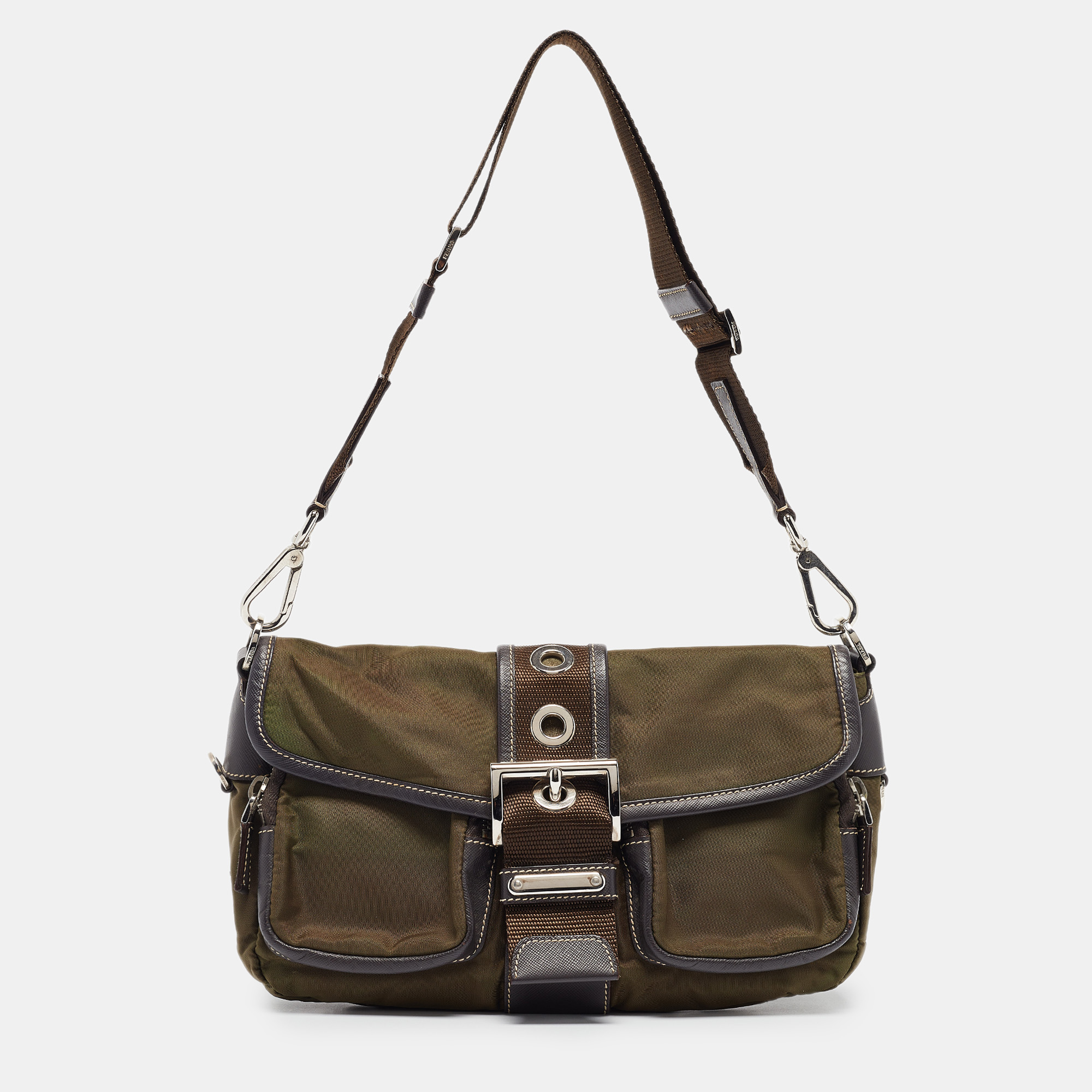 Prada olive green tessuto and leather buckle flap shoulder bag