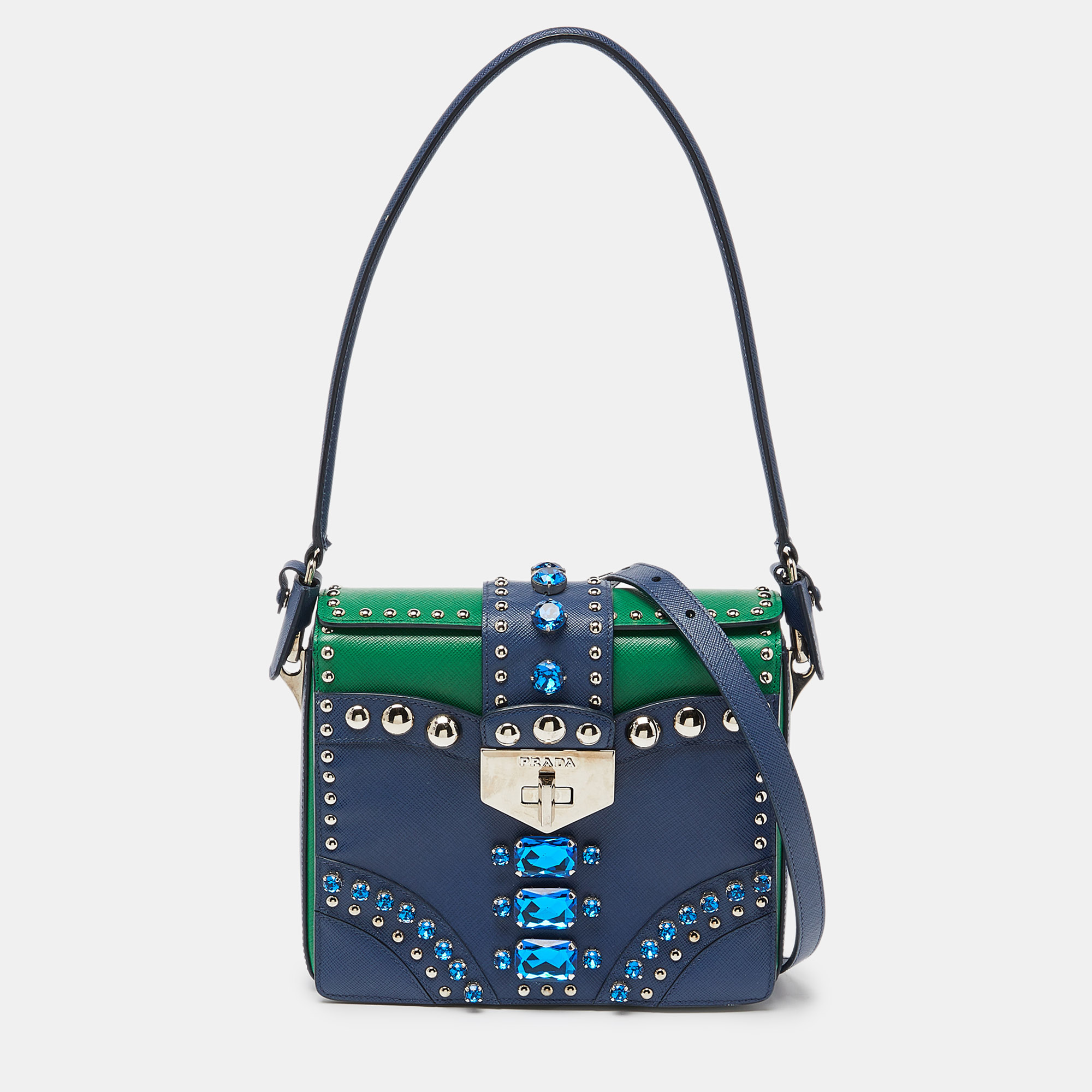 Prada blue/green saffiano studded/crystal embellished leather flap shoulder bag