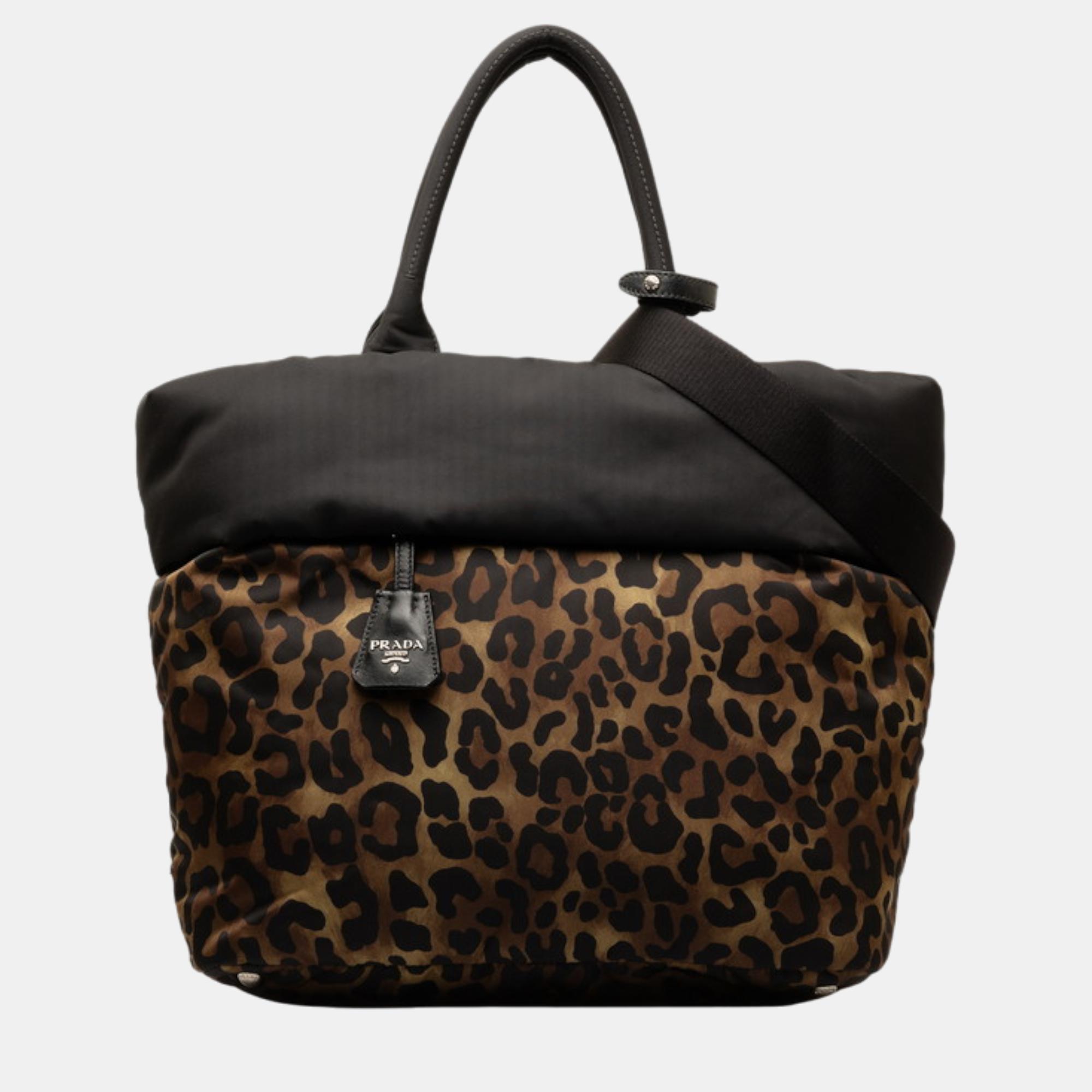 Prada brown/black leopard print tessuto reversible tote bag