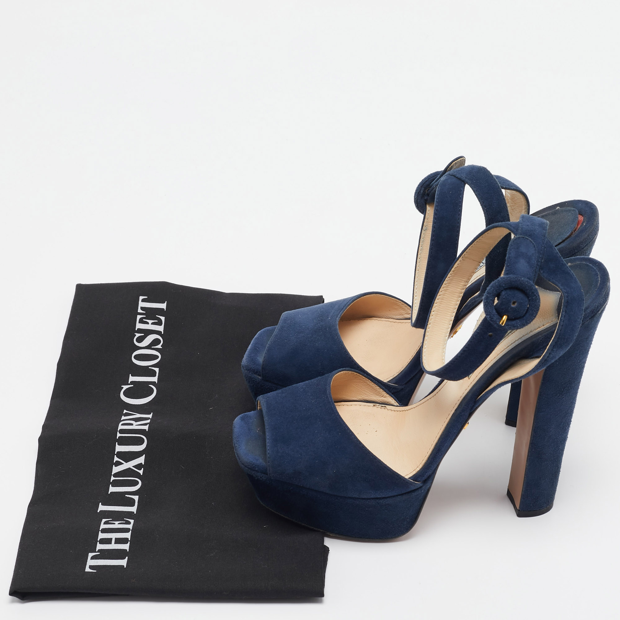 Prada Navy Blue Suede Platform Ankle Strap Sandals Size 37