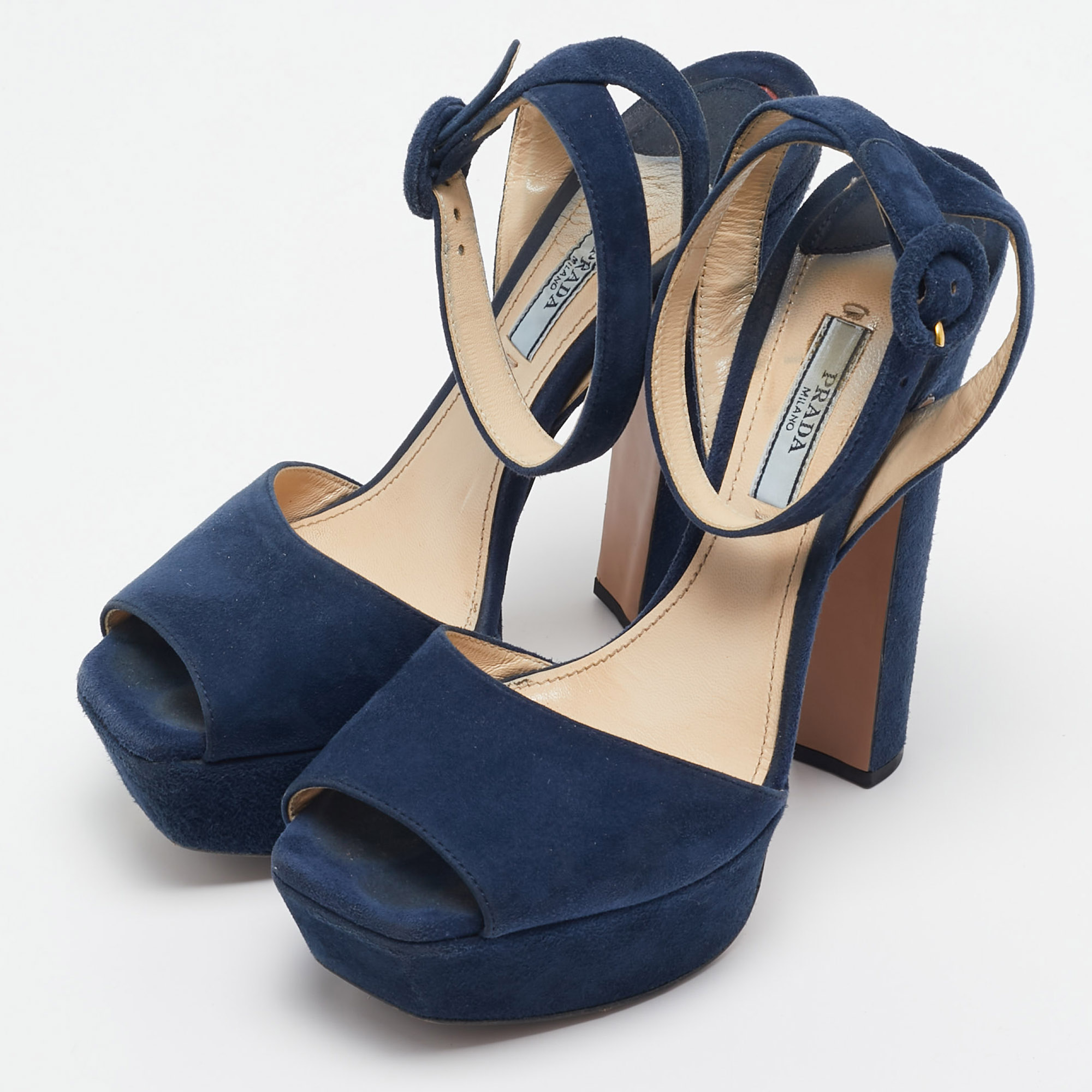 Prada Navy Blue Suede Platform Ankle Strap Sandals Size 37