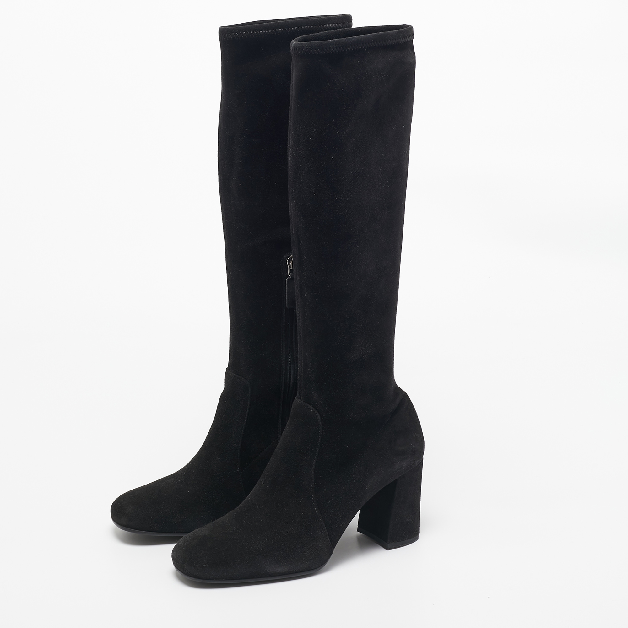 Prada Black Suede Knee Length Block Heel Boots Size 37.5