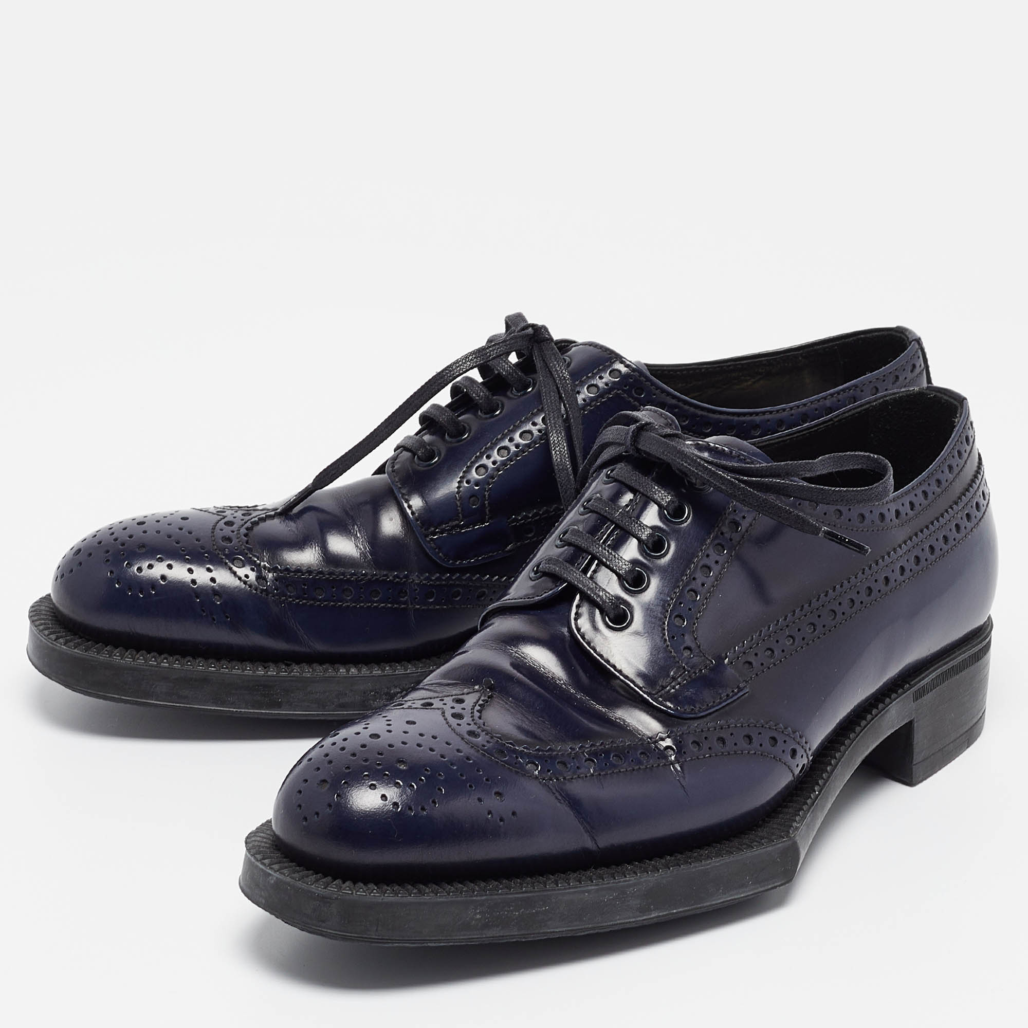 Prada Navy Blue Patent Leather Lace Up Derby Size 37