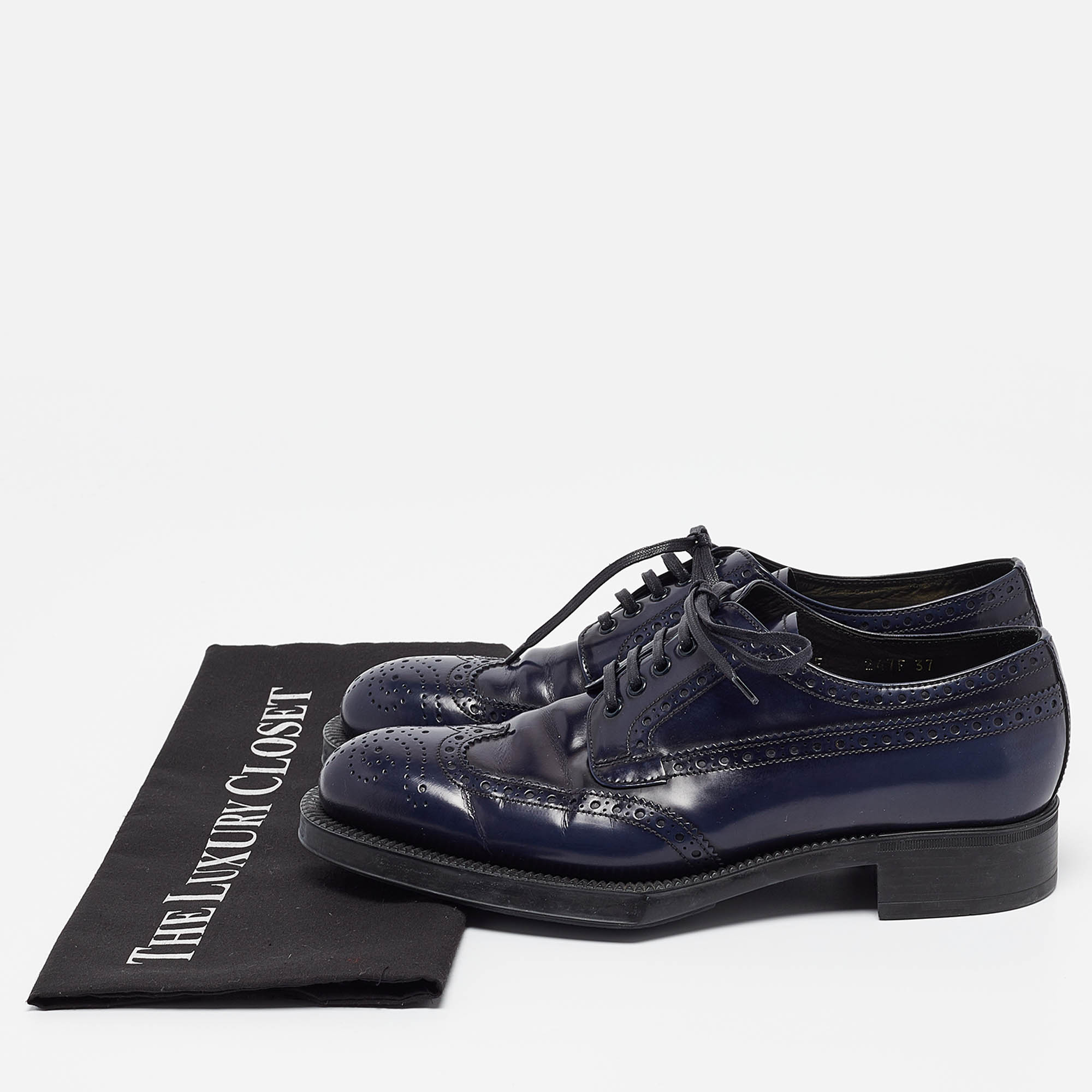 Prada Navy Blue Patent Leather Lace Up Derby Size 37