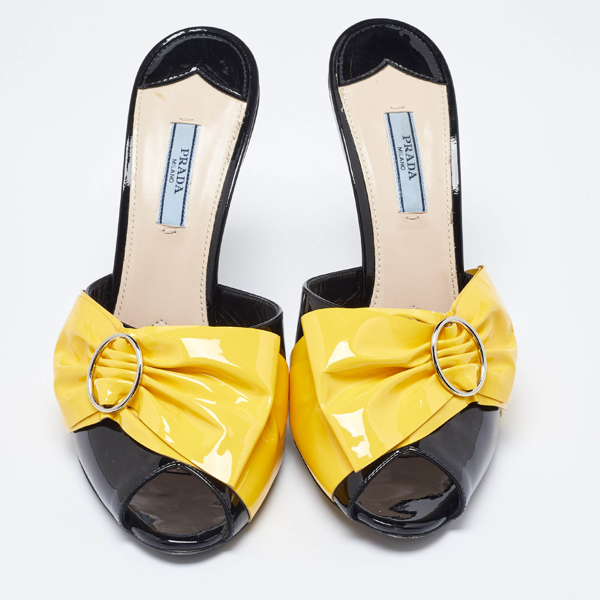 Prada Black/Yellow Patent Leather Bow Mules Size 40