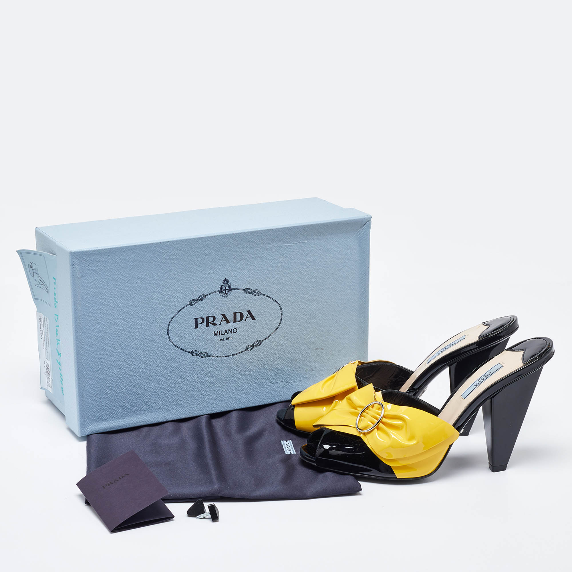 Prada Black/Yellow Patent Leather Bow Mules Size 40