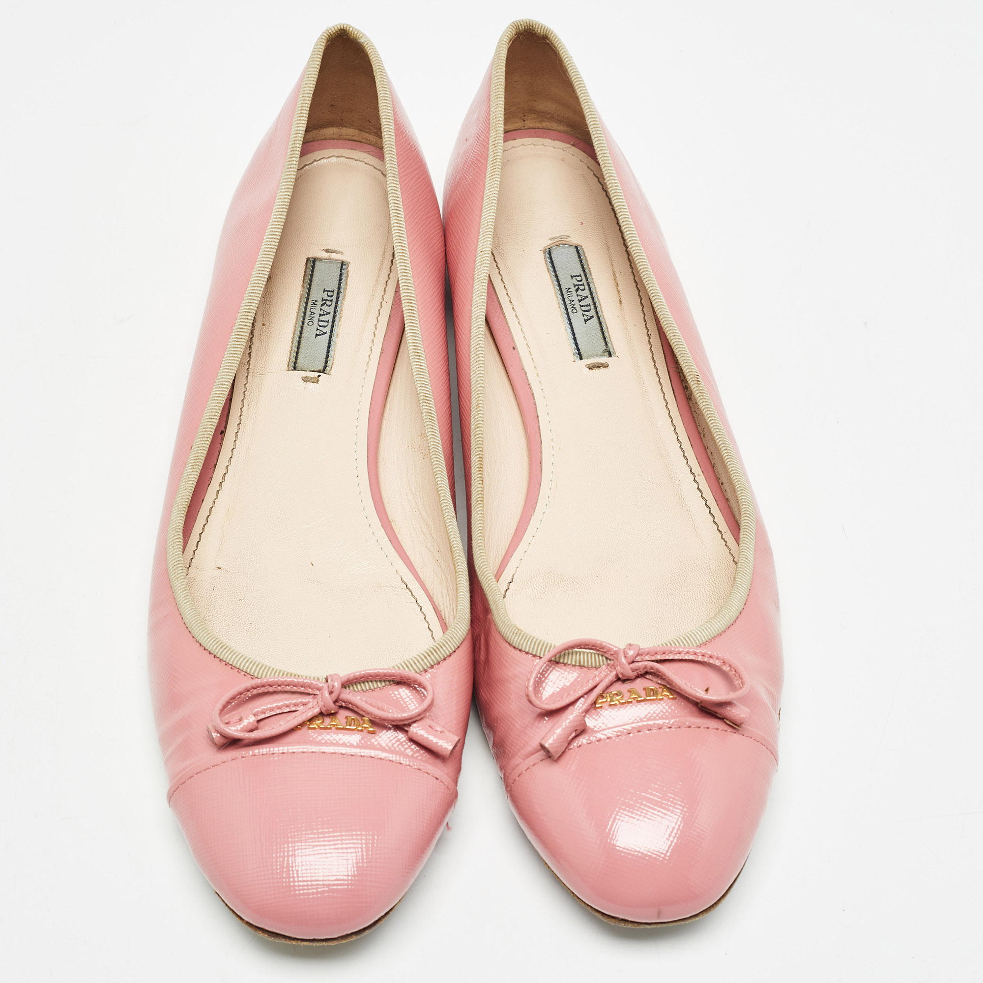 Prada Pink Saffiano Vernice Leather Bow Ballet Flats Size 42