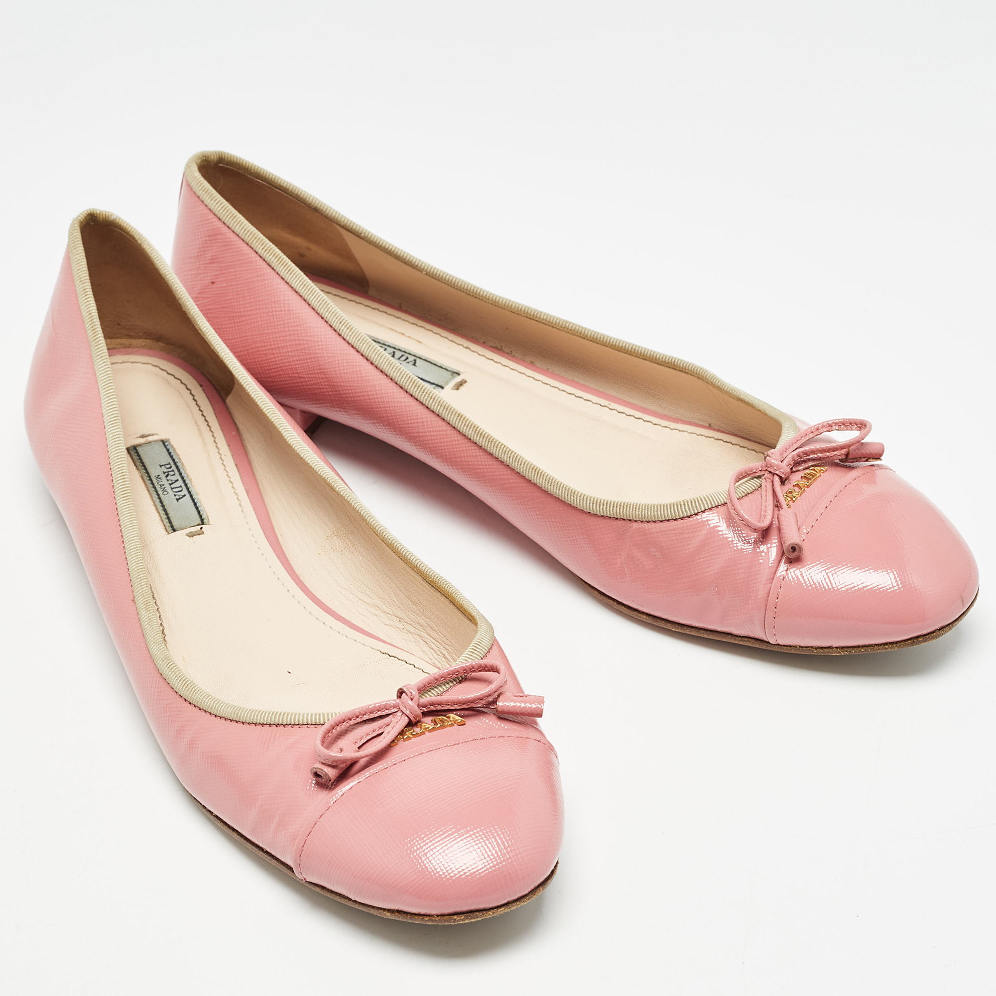 Prada Pink Saffiano Vernice Leather Bow Ballet Flats Size 42