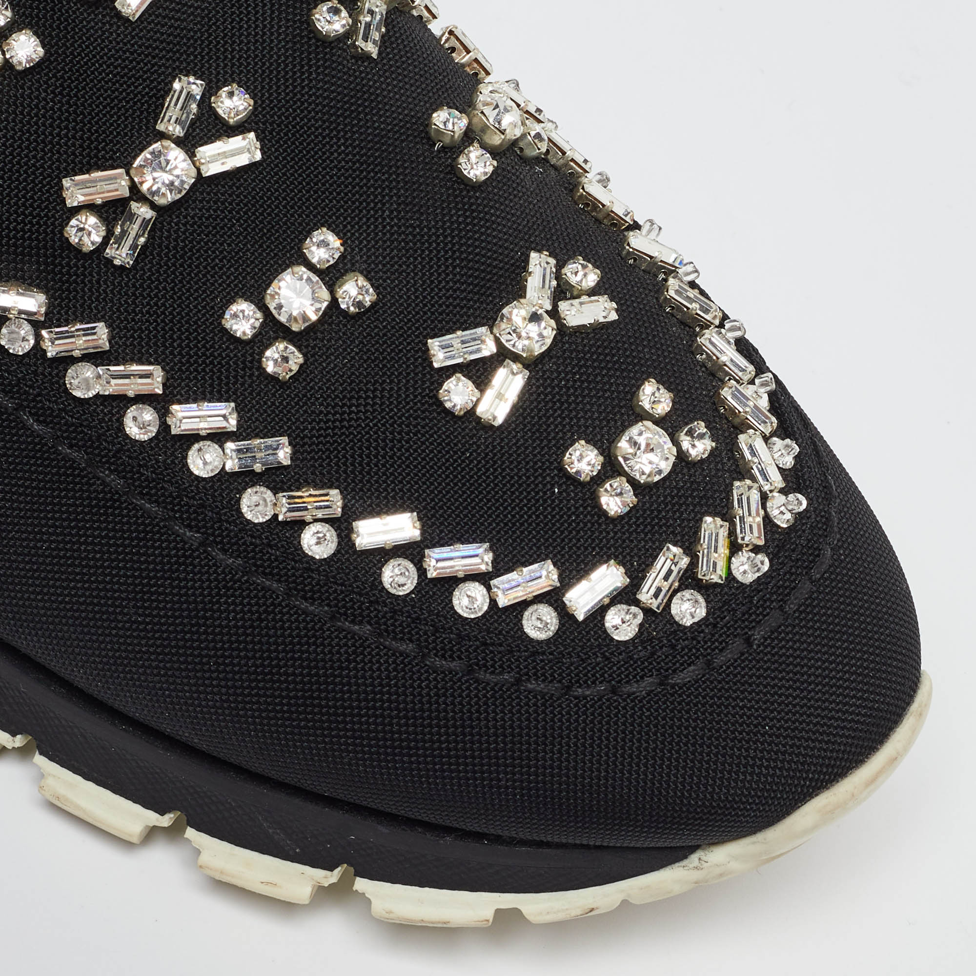 Prada Black Canvas Crystal Embellished Slip On Sneakers Size 38.5