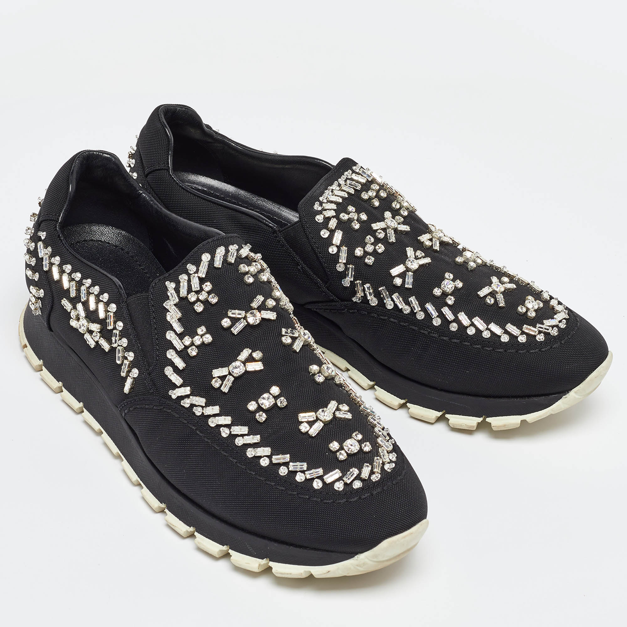 Prada Black Canvas Crystal Embellished Slip On Sneakers Size 38.5