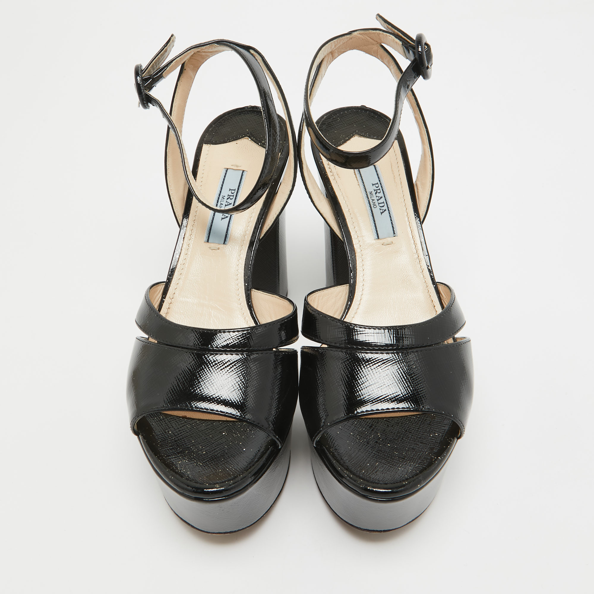 Prada Black Patent Leather Platform Ankle Strap Sandals Size 36.5