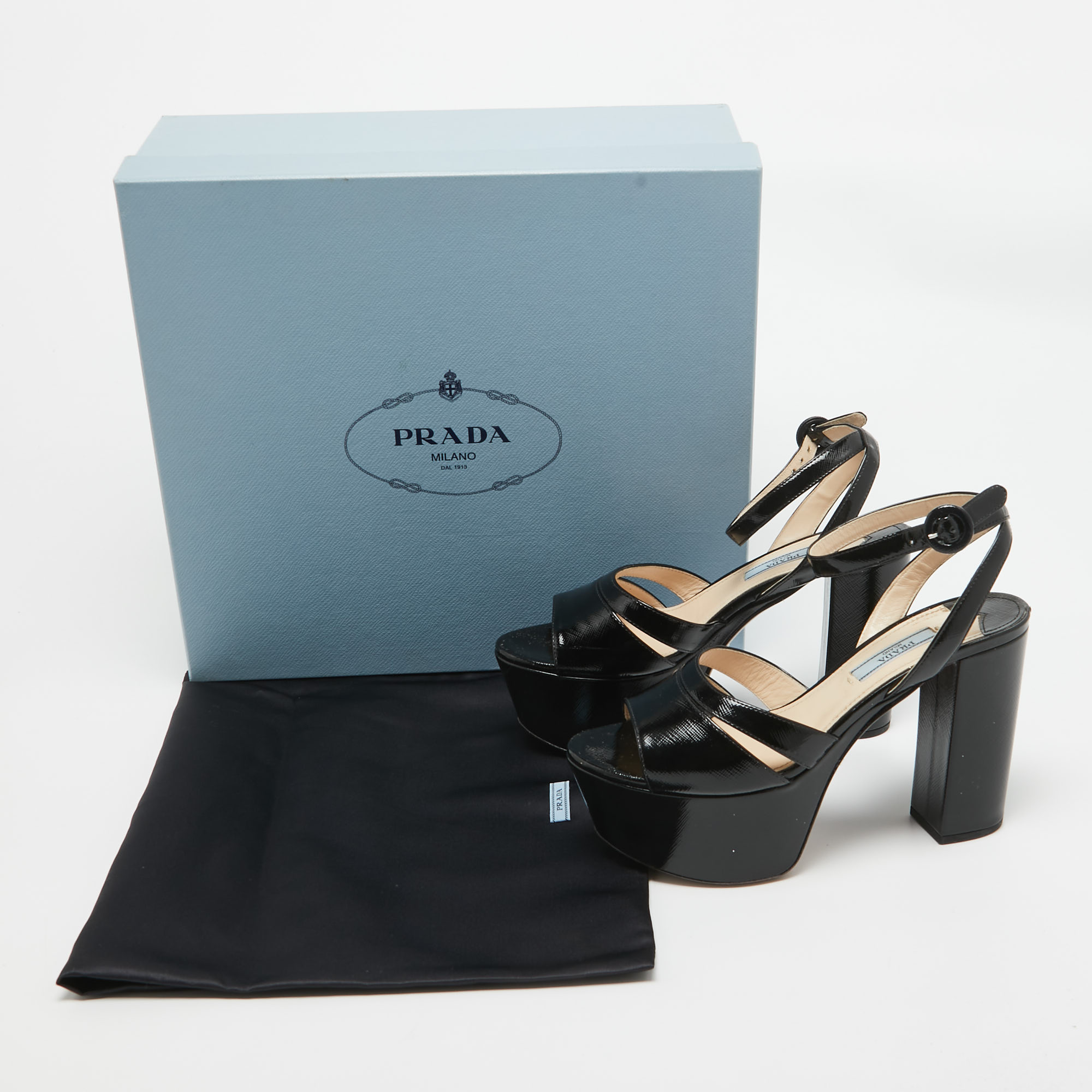 Prada Black Patent Leather Platform Ankle Strap Sandals Size 36.5