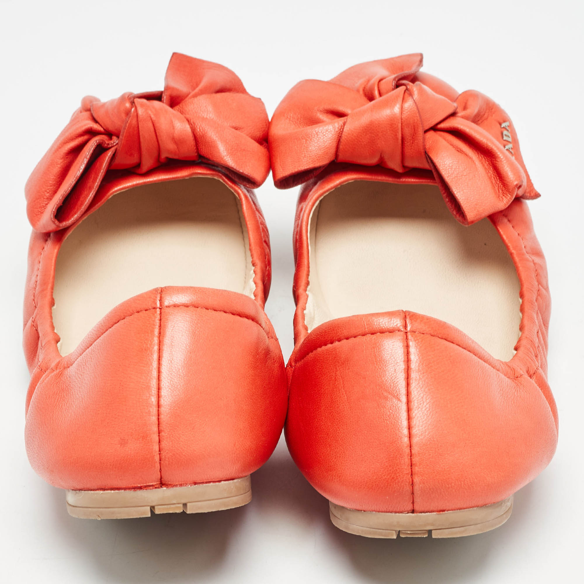 Prada Orange Leather Bow Logo Scrunch Ballet Flats Size 37