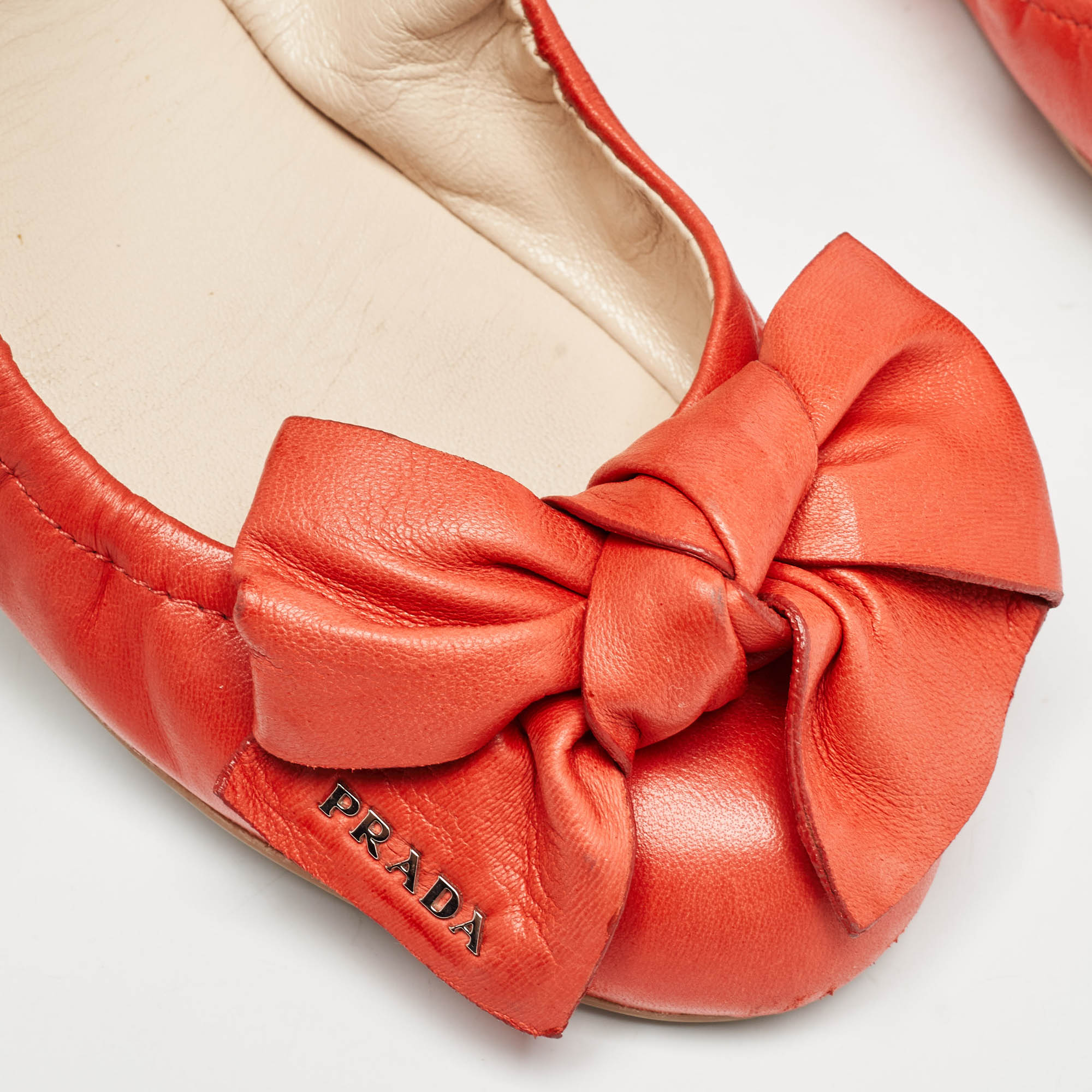 Prada Orange Leather Bow Logo Scrunch Ballet Flats Size 37