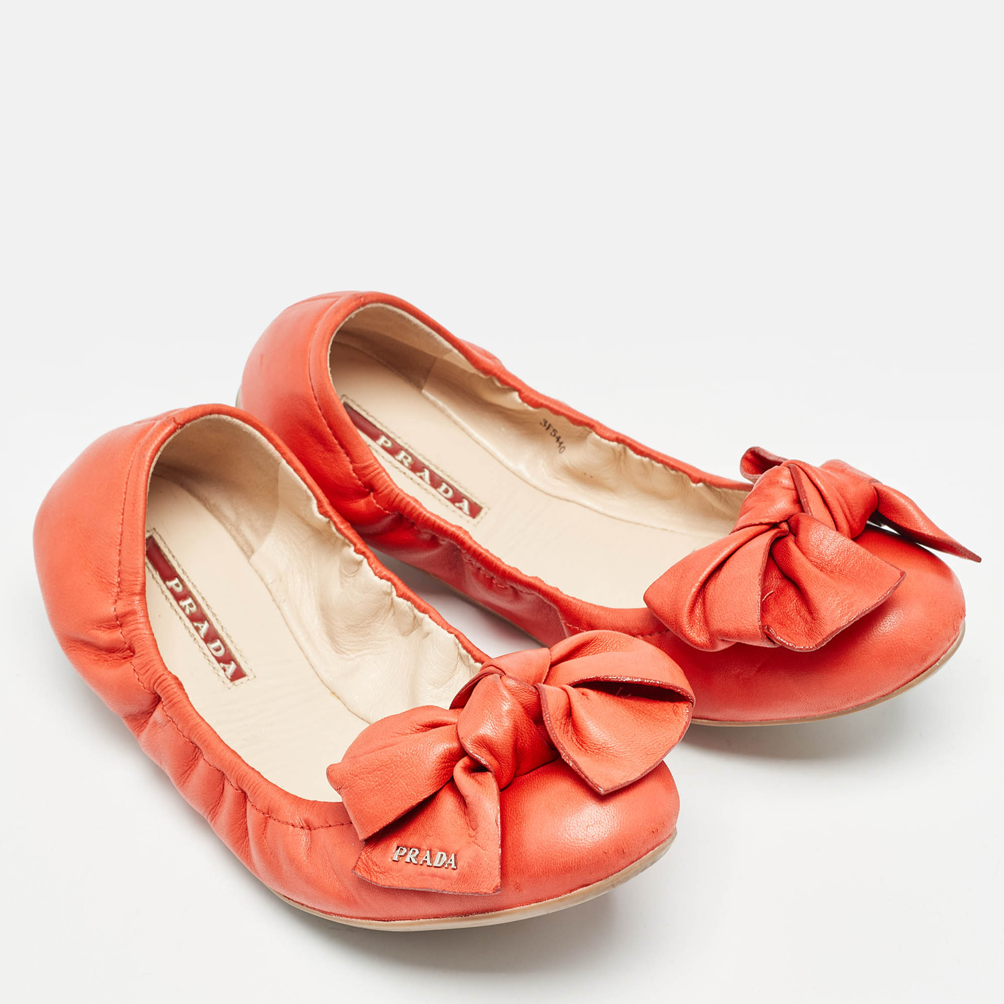 Prada Orange Leather Bow Logo Scrunch Ballet Flats Size 37