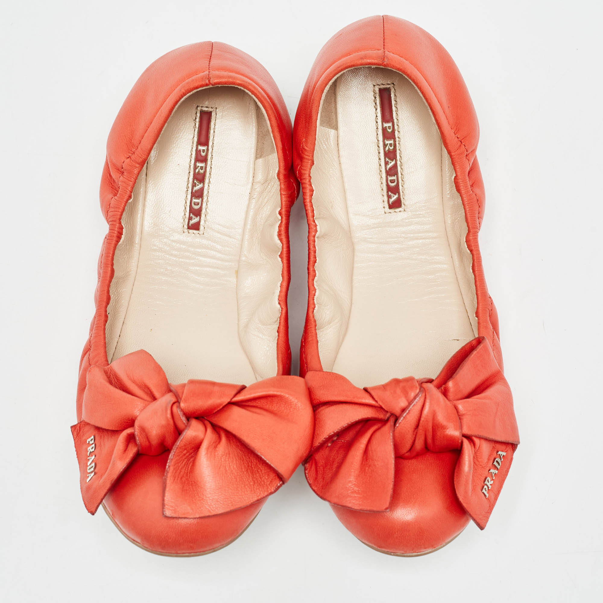 Prada Orange Leather Bow Logo Scrunch Ballet Flats Size 37