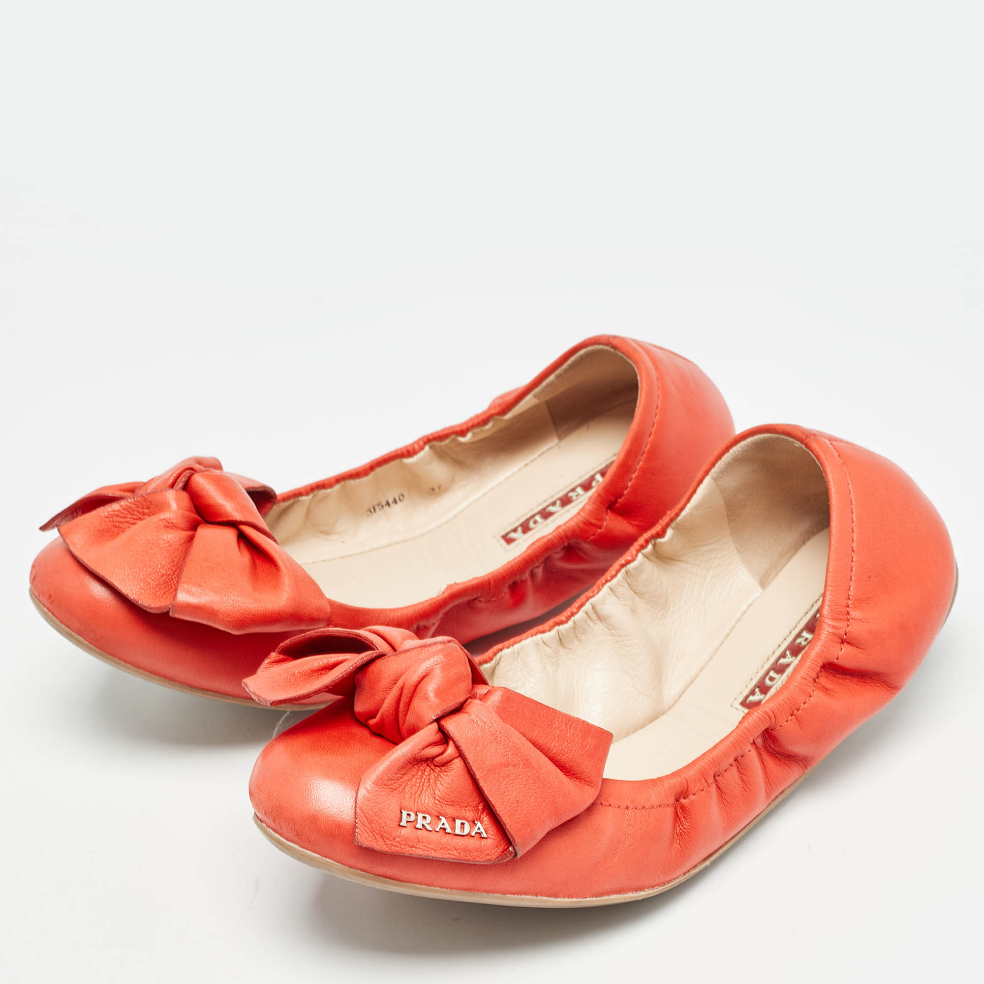 Prada Orange Leather Bow Logo Scrunch Ballet Flats Size 37