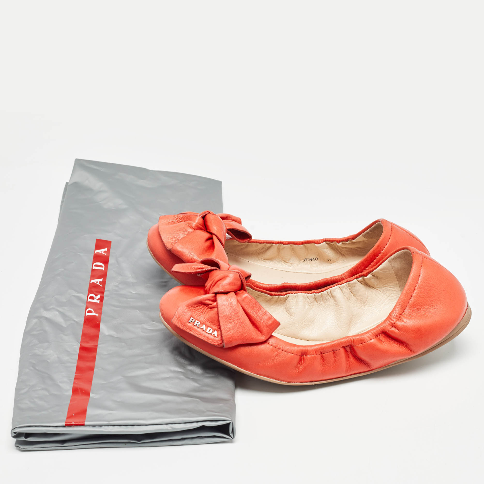 Prada Orange Leather Bow Logo Scrunch Ballet Flats Size 37