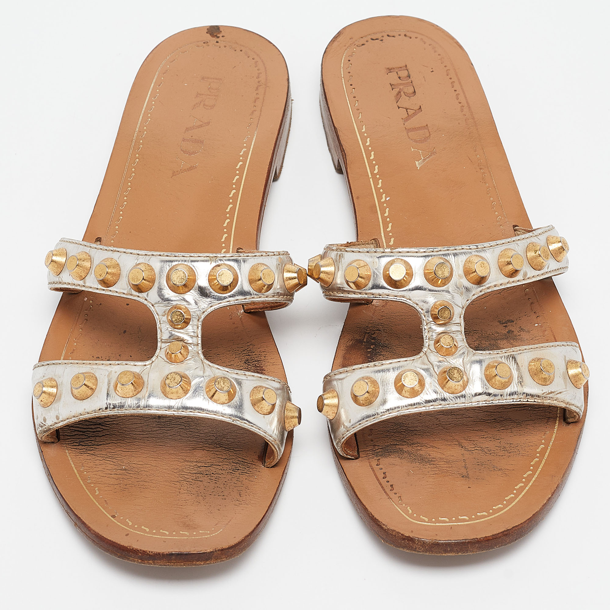 Prada Silver Leather Studded Flat Slides Size 36.5