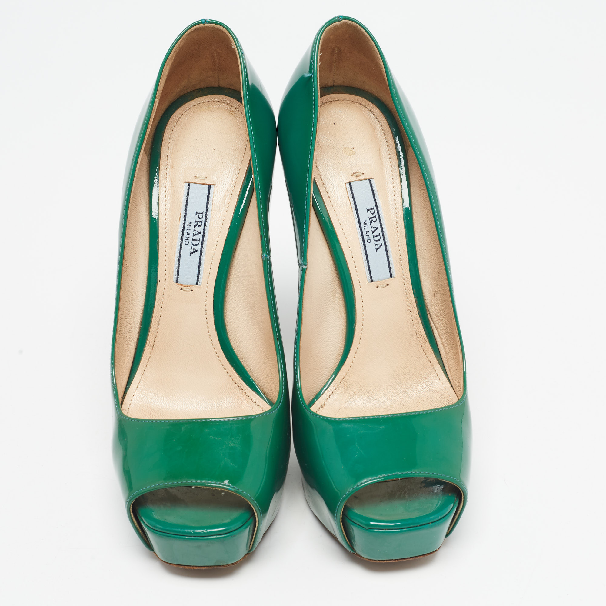 Prada Green Patent Leather Peep Toe Pumps Size 36