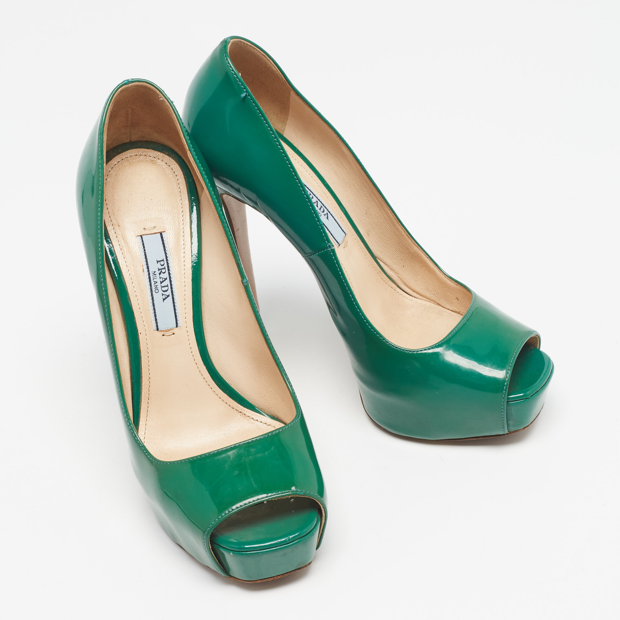 Prada Green Patent Leather Peep Toe Pumps Size 36