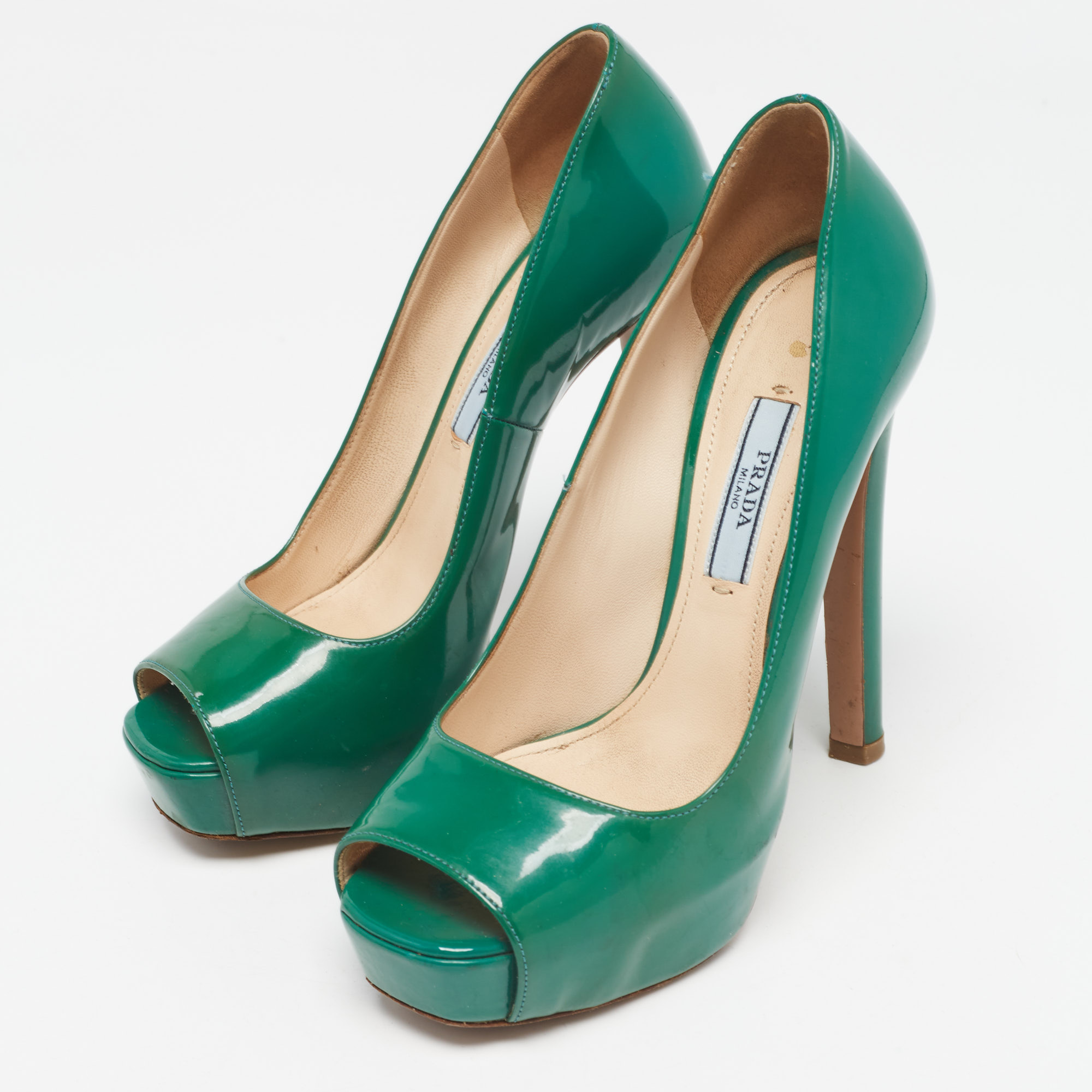 Prada Green Patent Leather Peep Toe Pumps Size 36