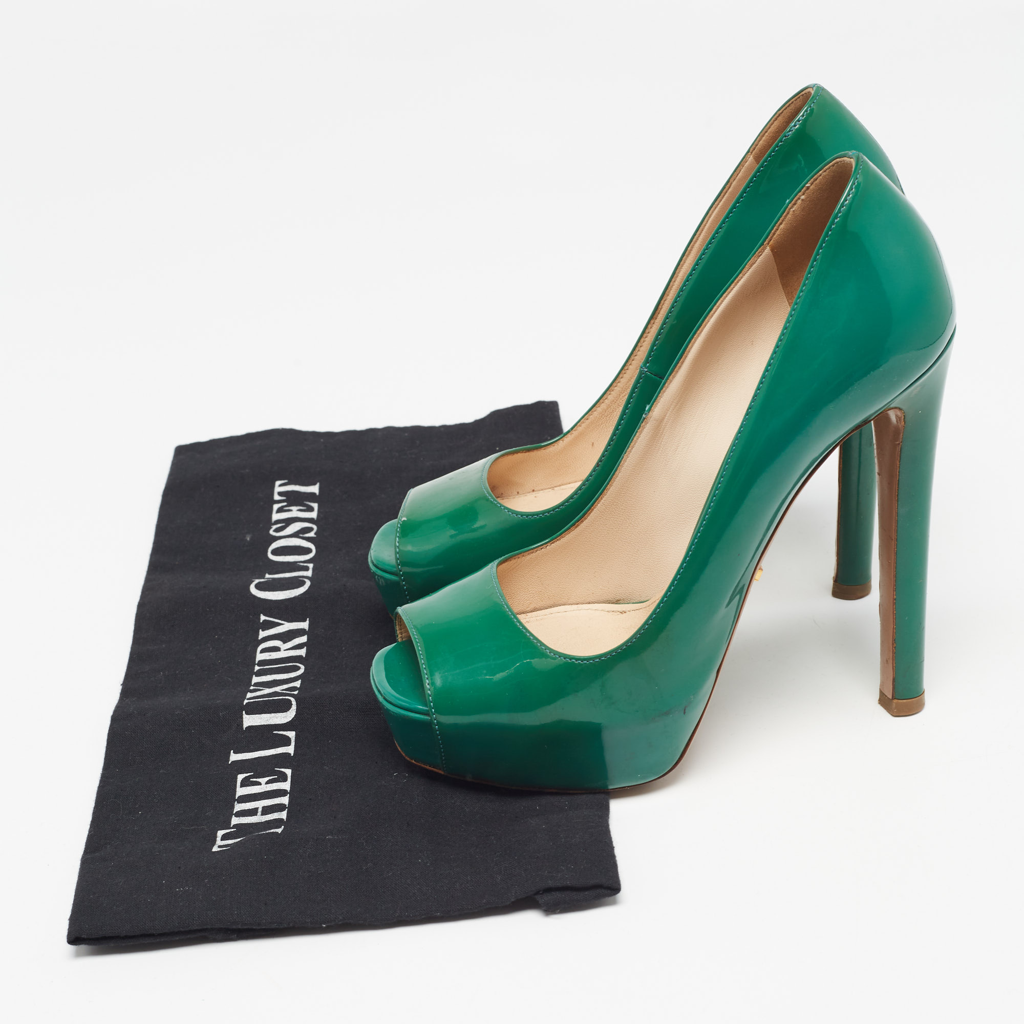 Prada Green Patent Leather Peep Toe Pumps Size 36