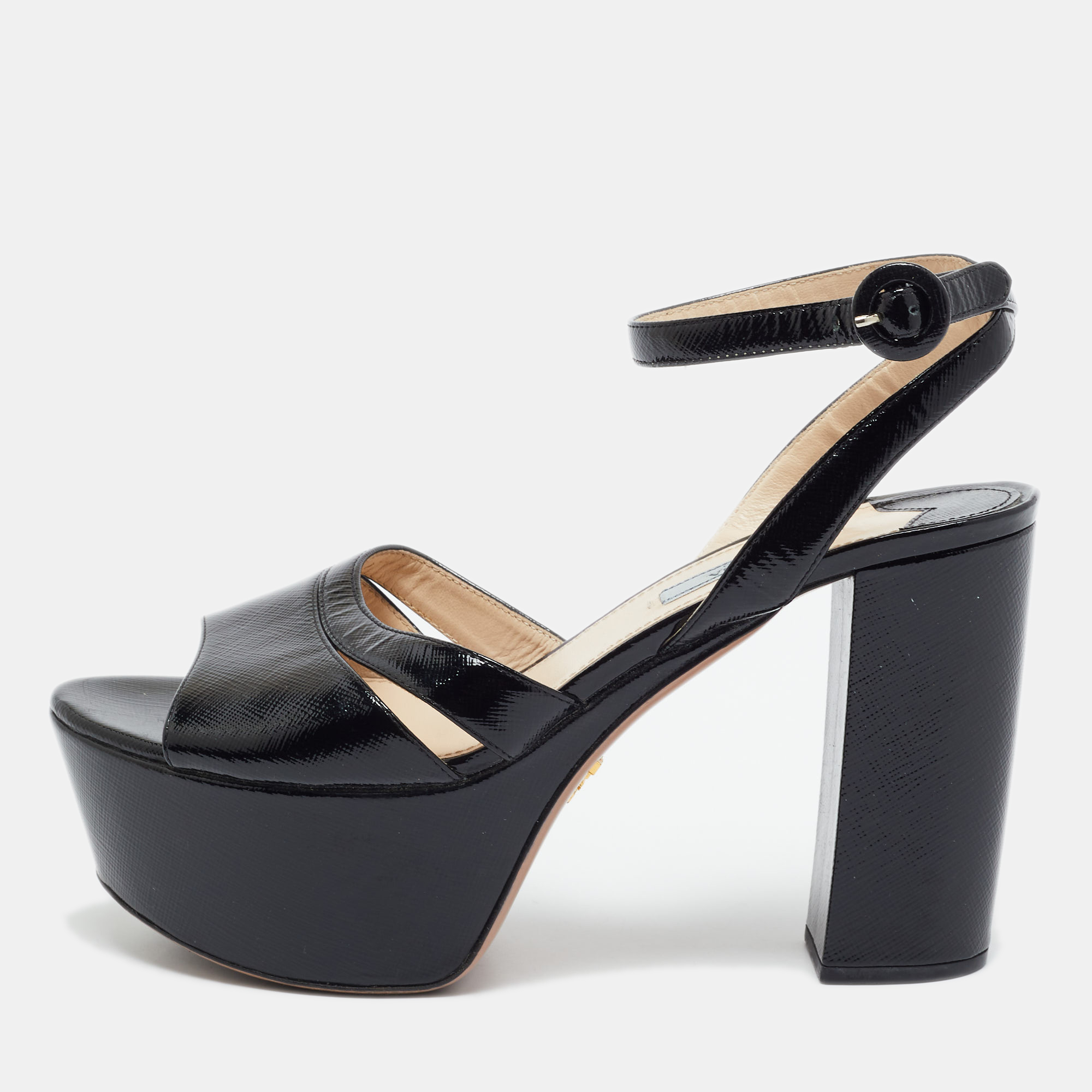 Prada Black Patent Leather Ankle Strap Sandals Size 39