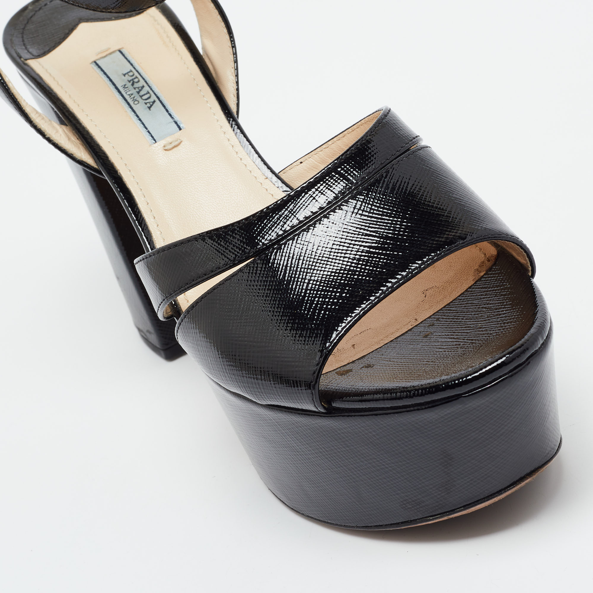 Prada Black Patent Leather Ankle Strap Sandals Size 39