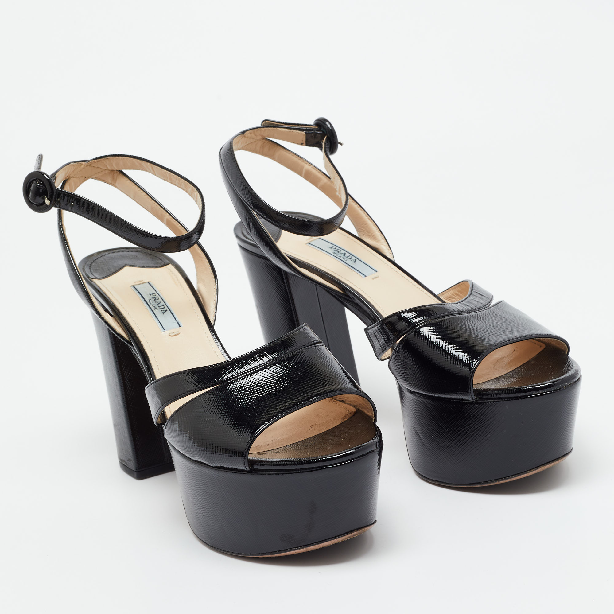 Prada Black Patent Leather Ankle Strap Sandals Size 39