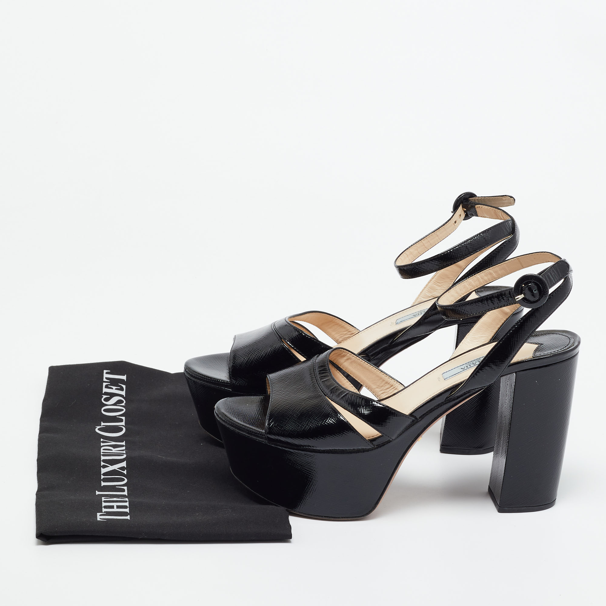 Prada Black Patent Leather Ankle Strap Sandals Size 39