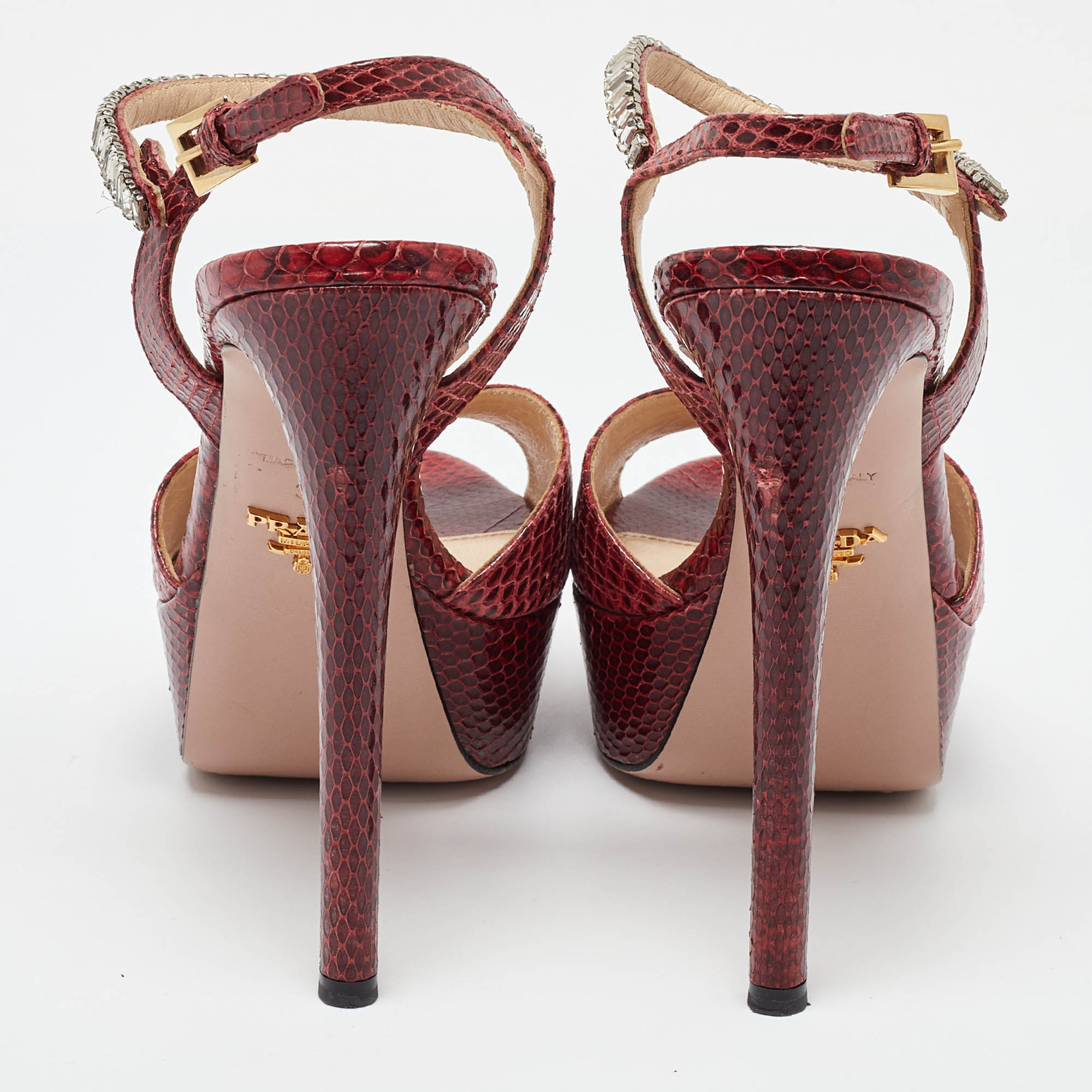 Prada Red Snakeskin Crystals Embellished Platform Sandals Size 39