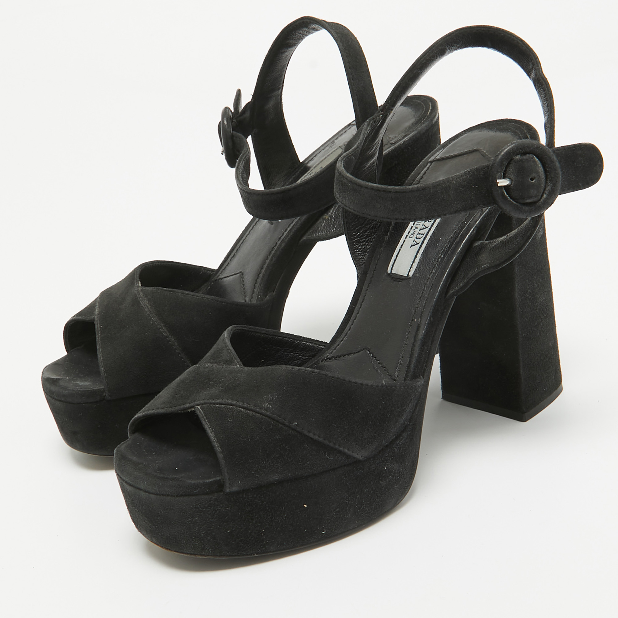 Prada Black Suede Platform Ankle Strap Sandals Size 35.5