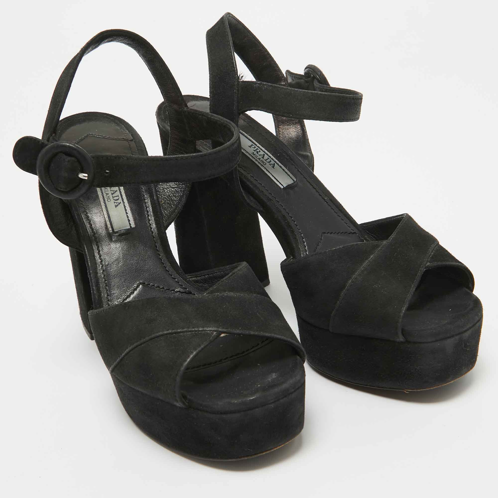 Prada Black Suede Platform Ankle Strap Sandals Size 35.5