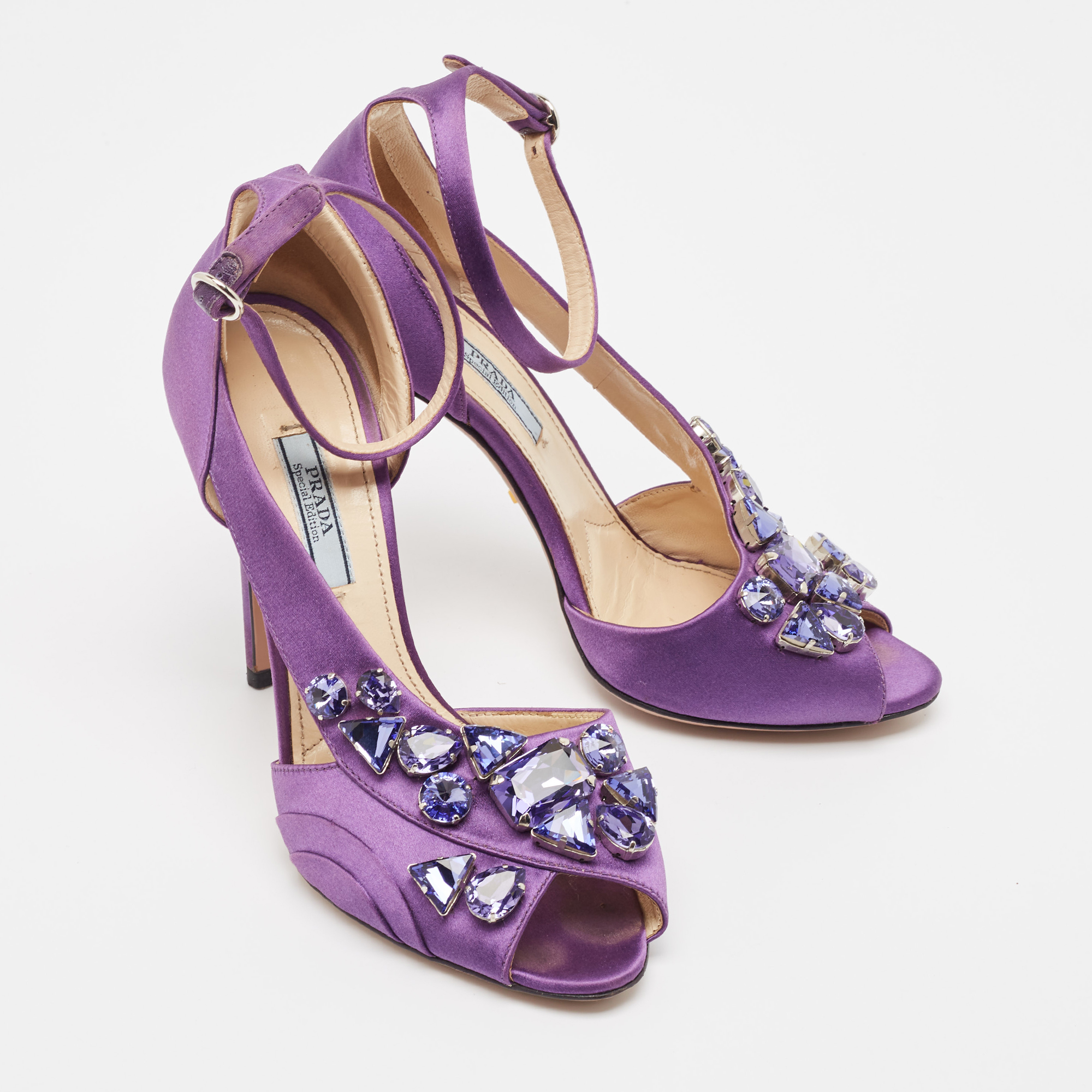 Prada Purple Satin Crystal Embellished Ankle Strap Sandals Size 38