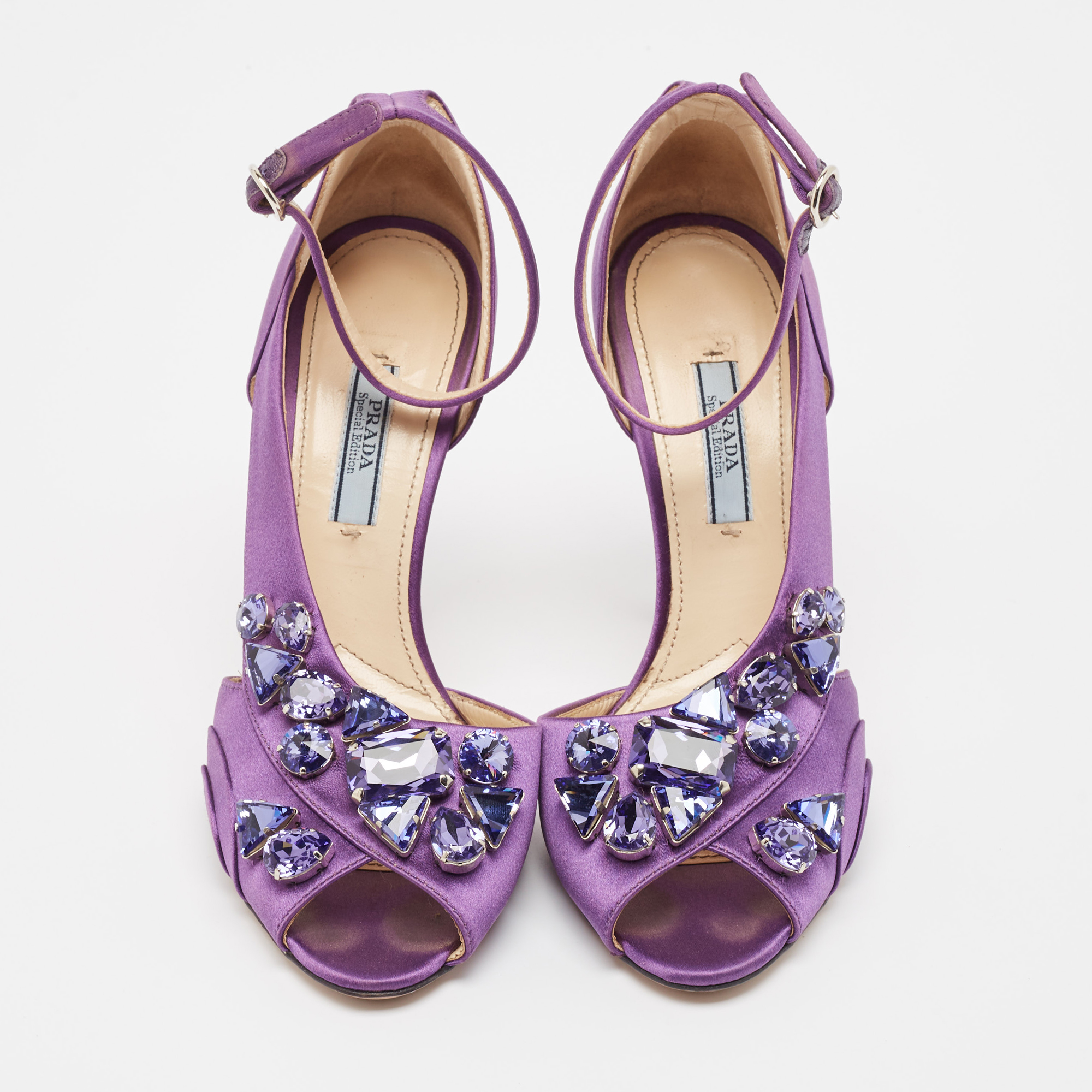 Prada Purple Satin Crystal Embellished Ankle Strap Sandals Size 38