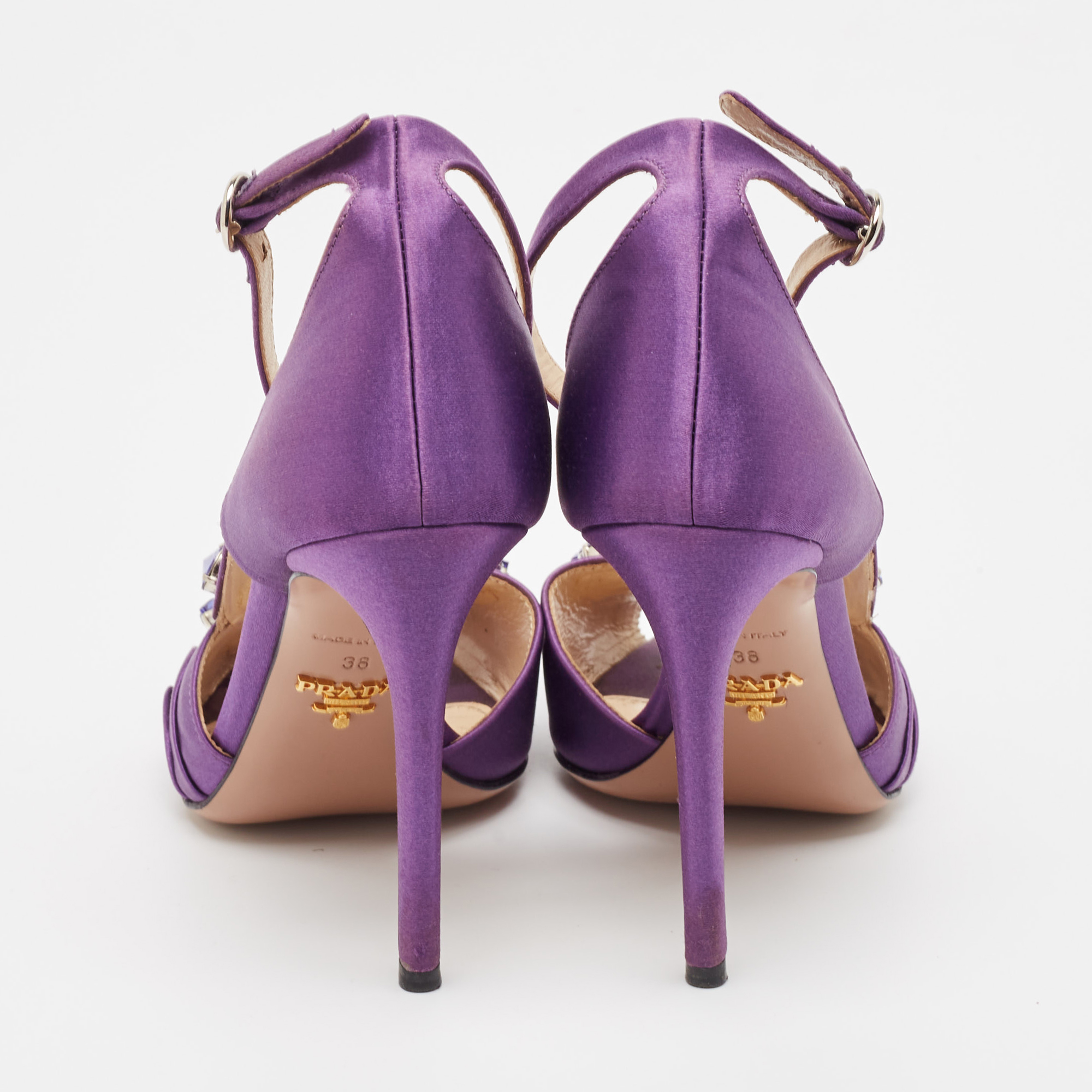 Prada Purple Satin Crystal Embellished Ankle Strap Sandals Size 38