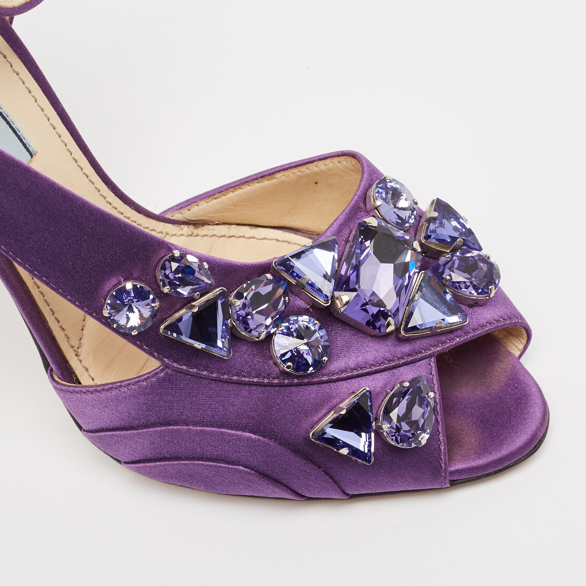 Prada Purple Satin Crystal Embellished Ankle Strap Sandals Size 38