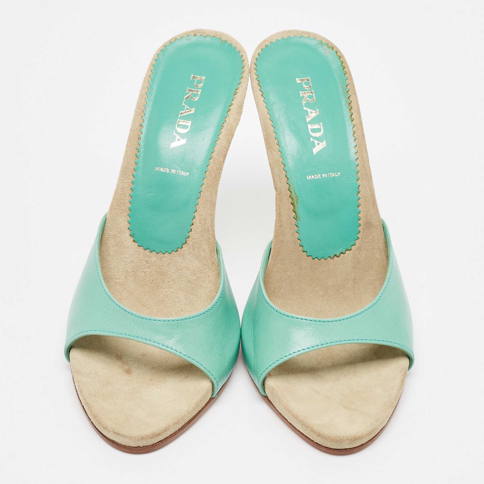 Prada Turquoise Leather And Suede Slide Sandals Size 37