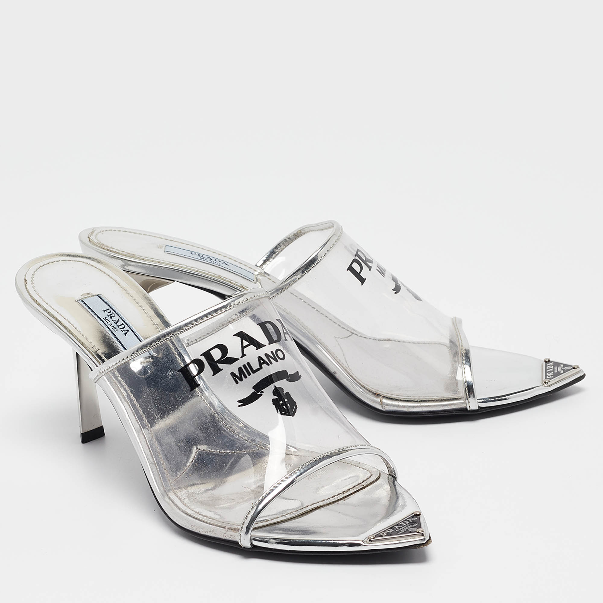 Prada Transparent PVC Logo Print Slide Sandals Size 38