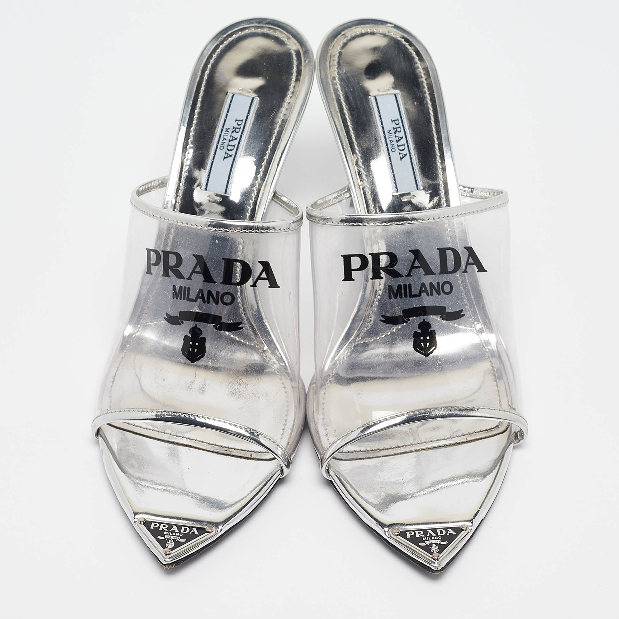 Prada Transparent PVC Logo Print Slide Sandals Size 38